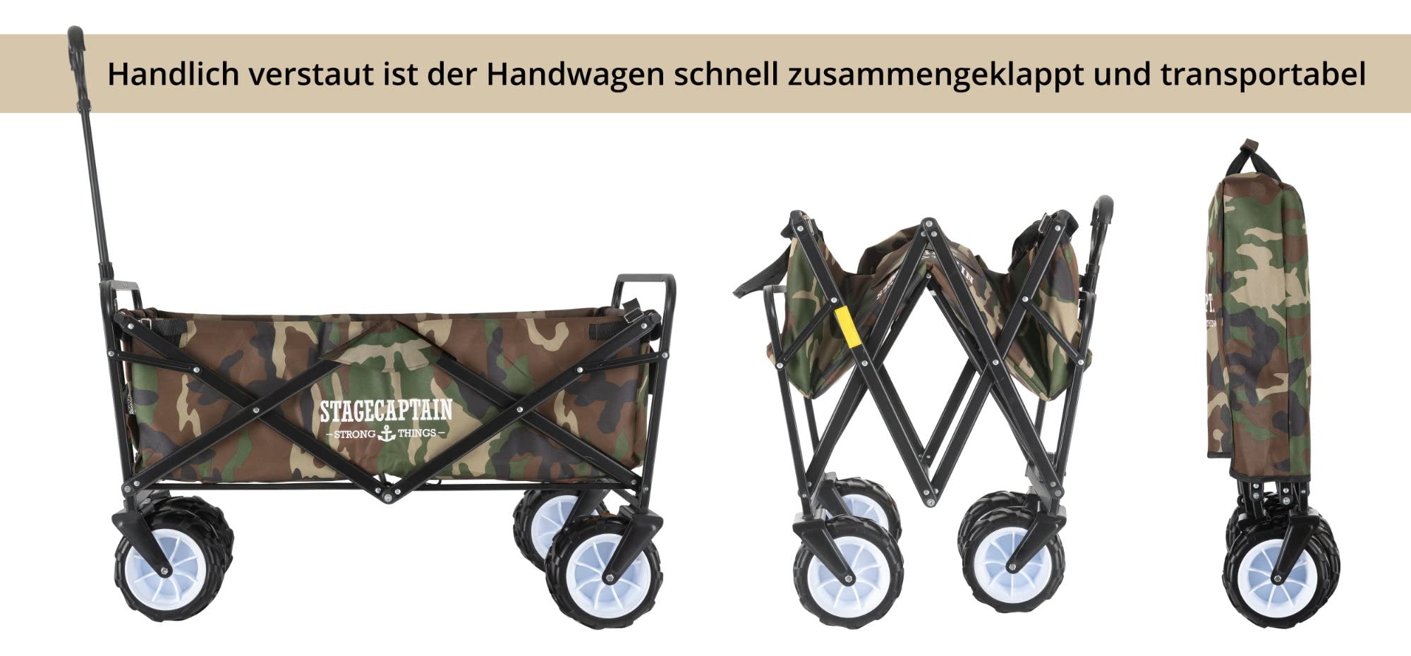 Stagecaptain BW-907 CA Bollerwagen faltbar, Camouflage | 150 kg Traglast, breite freidrehende Reifen, 600D x 300D Polyester, faltbares Metallgestell, 2 Außentaschen