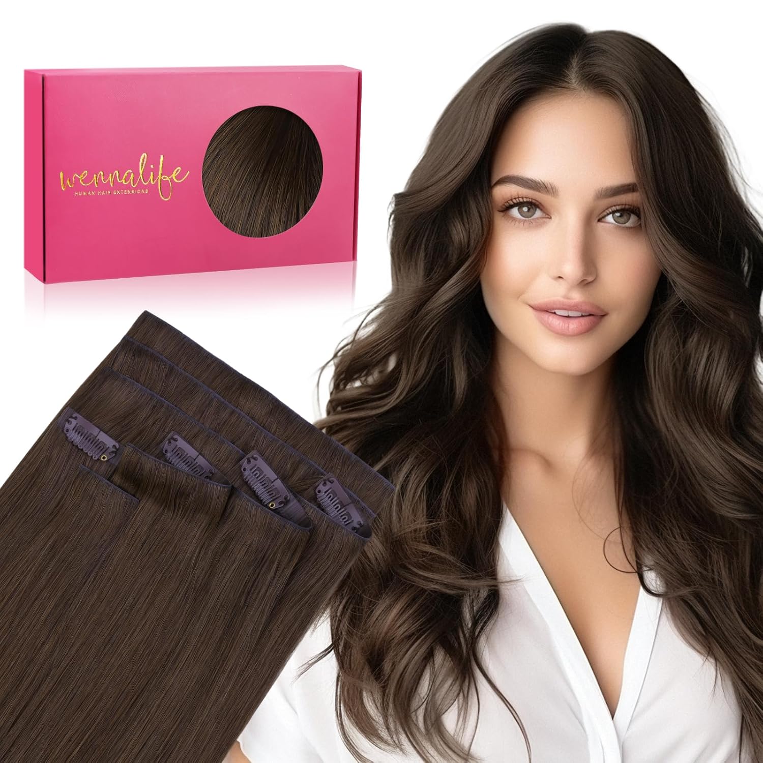 WENNALIFE Invisi Edge Clip in Hair Extensions Real Human Hair, 22 Inch 150g 7pcs Chocolate Brown Seamless Clip in Extensions Remy Hair Clip Ins Invisible PU Skin Weft Extensiones De Cabello Hmano