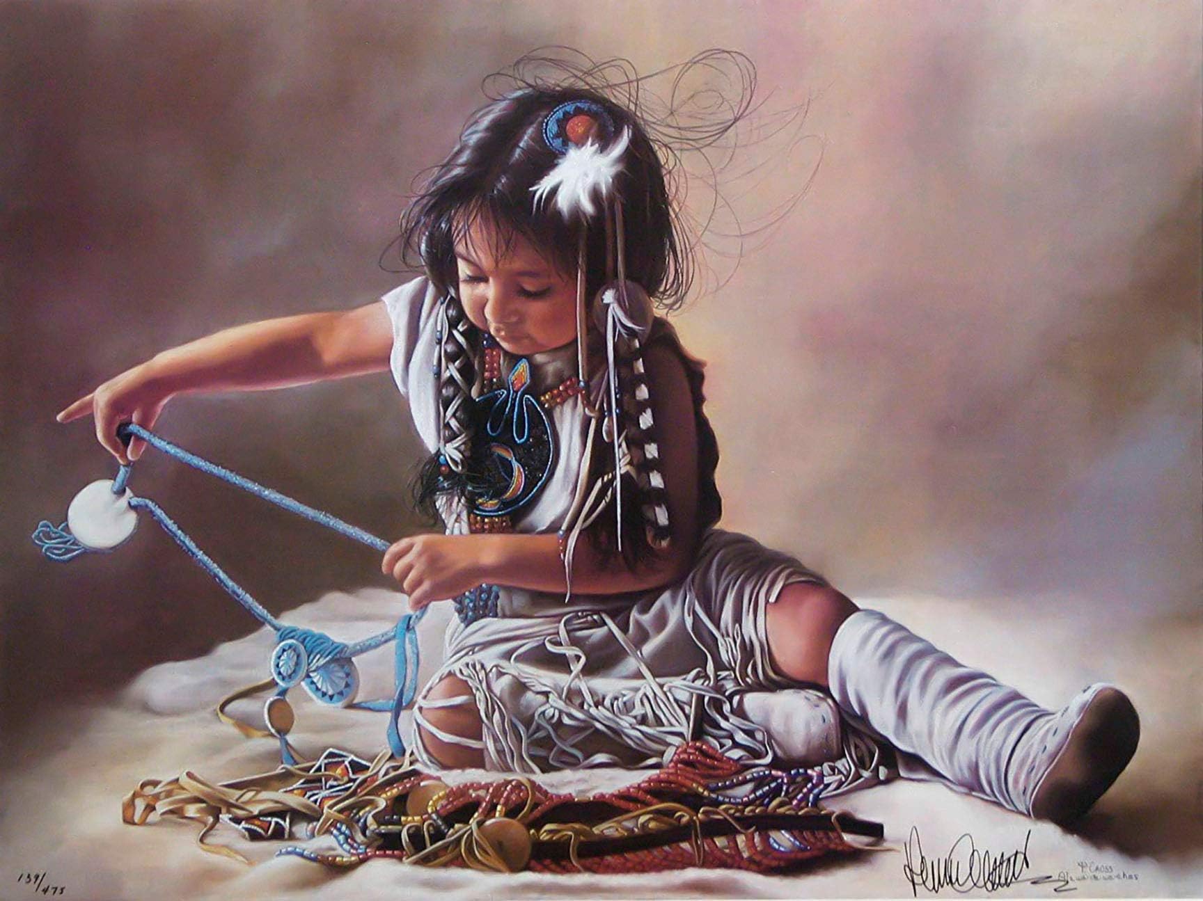 Penni Anne Cross Sorting her Beads Canvas Native American Art