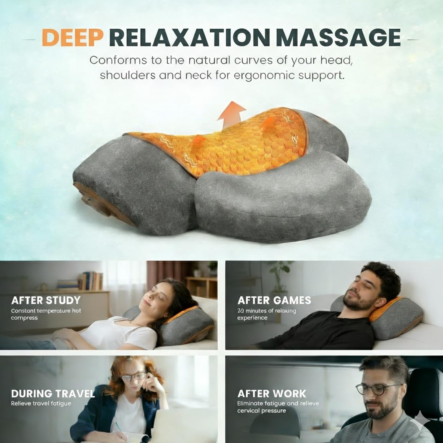 Artuvate - Fisiorest 3-in-1 Neck Massager Pillow with Heat, Massage & Cervical Stretch - Ergonomic Memory Foam for Neck Shoulder Pain Relief - Use at Home, Office or Car (gray) — view 8
