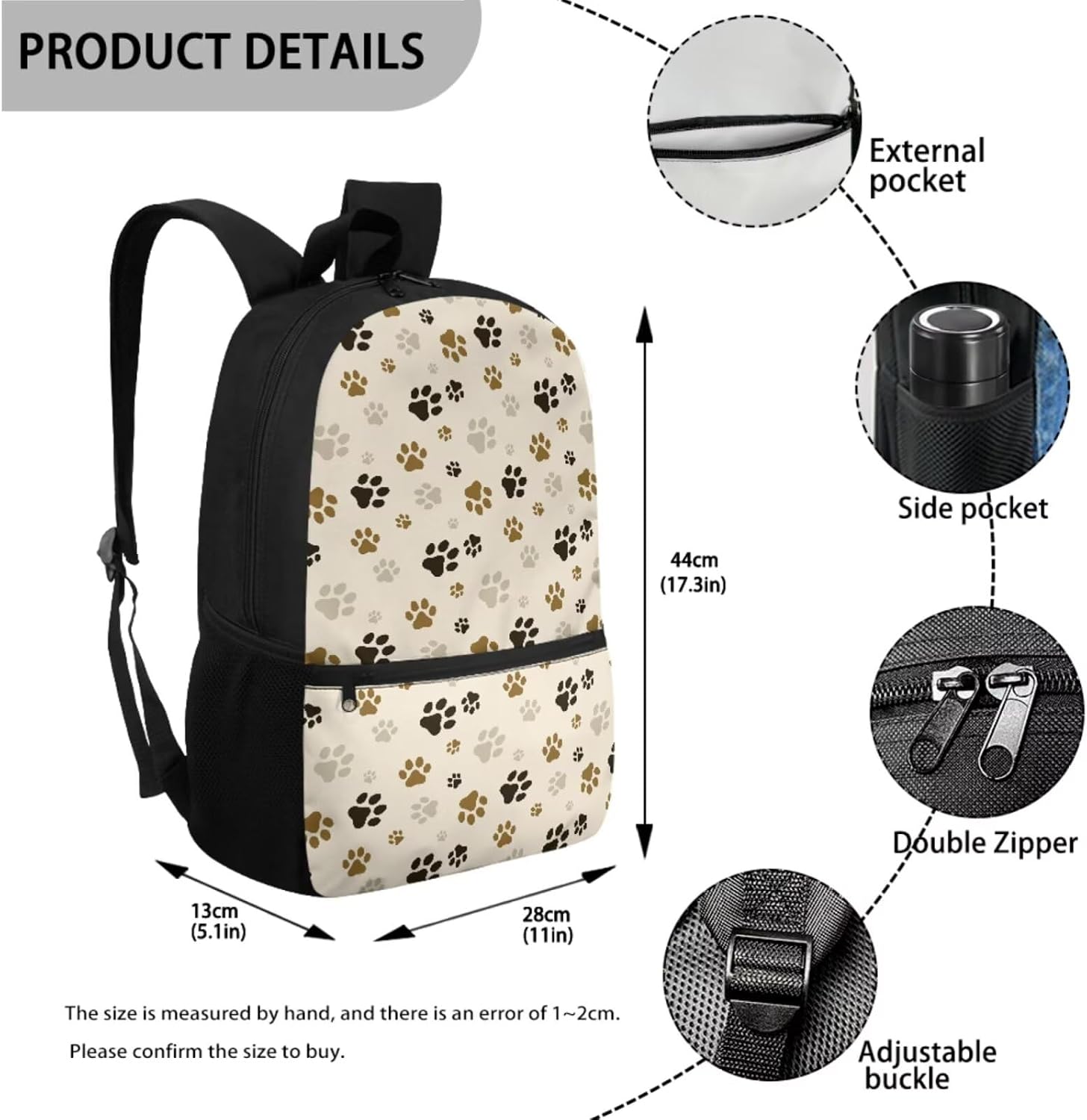 Cute Dog Cat Paw School Backpack for Girls 3pcs Large Capacity Bookbag with Pencil Case and Lunch Box for Kids Fashion Print Bag for Teens Students Schoolbag
