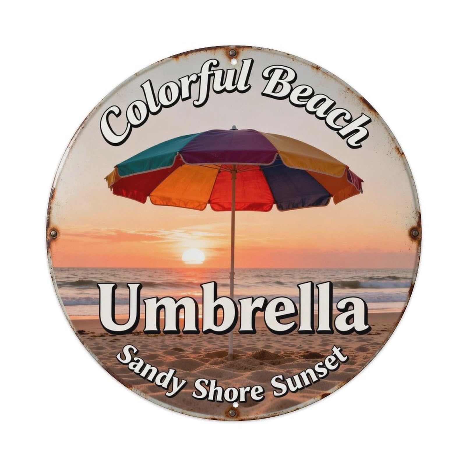 Colorful Beach Umbrella Sandy Shore Sunset Metal Tin Sign Plaque