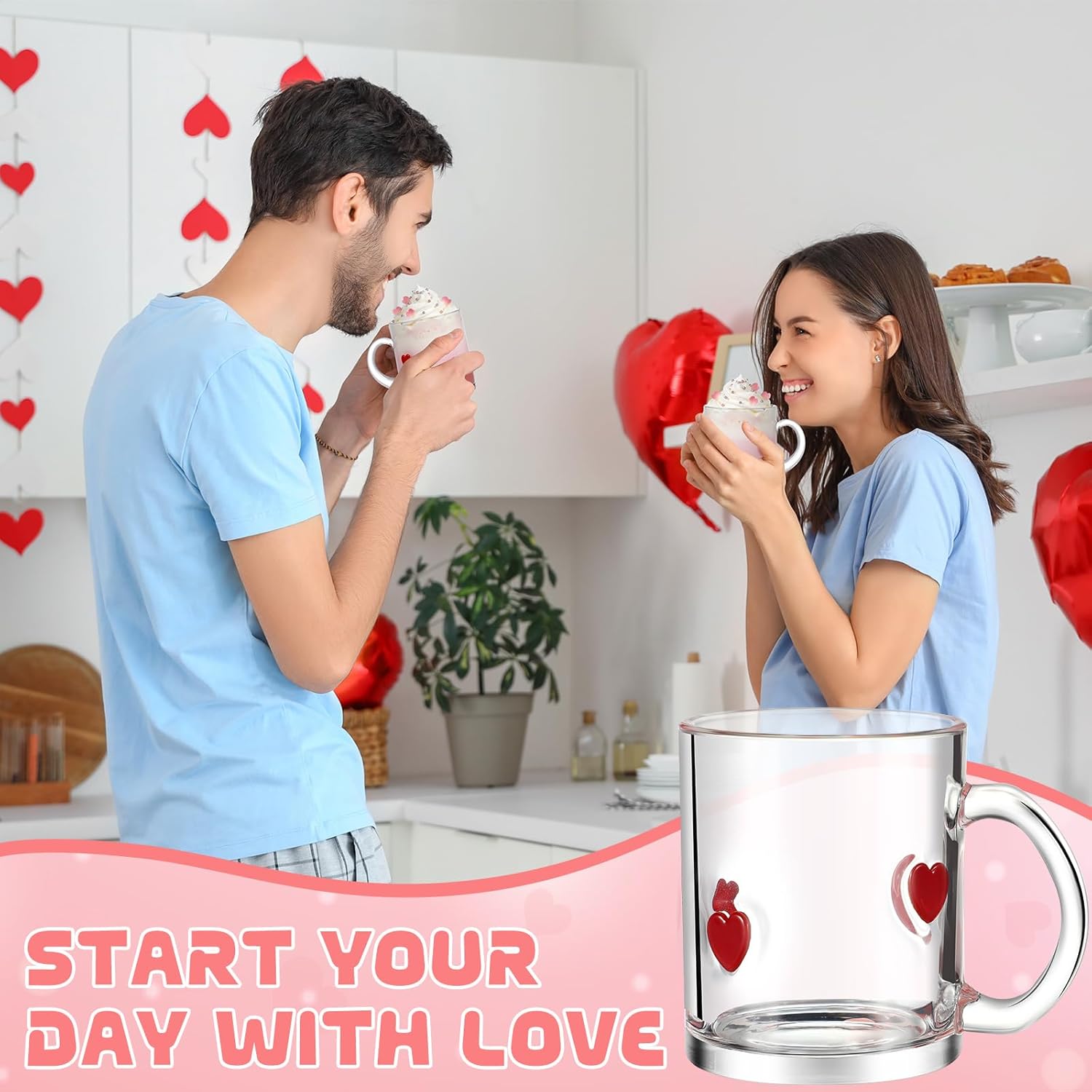 SiliFine 4 Pack Heart Icon Juice Glasses 14oz Valentines Day Coffee Mugs with Handle Love Icon Drinking Glass Cups for Valentine Birthday Engagement Weddings Anniversaries Romantic Gifts (Heart)