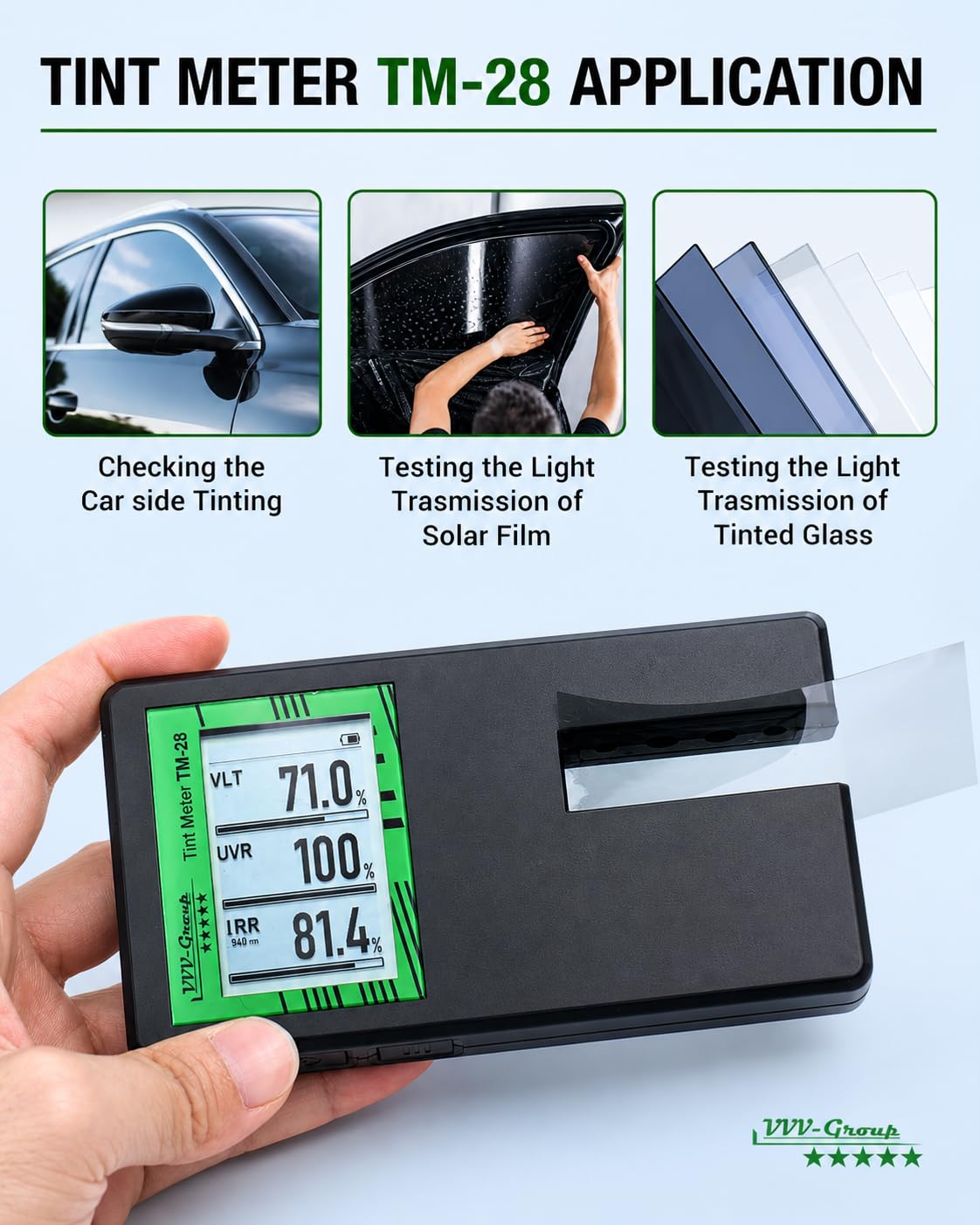 TM-28 - Tester digitale per vetri auto, TM-28, tester per la trasmissione della luce, rifiuto UV/IR, calibrazione automatica, rotazione del display (TM-28)
