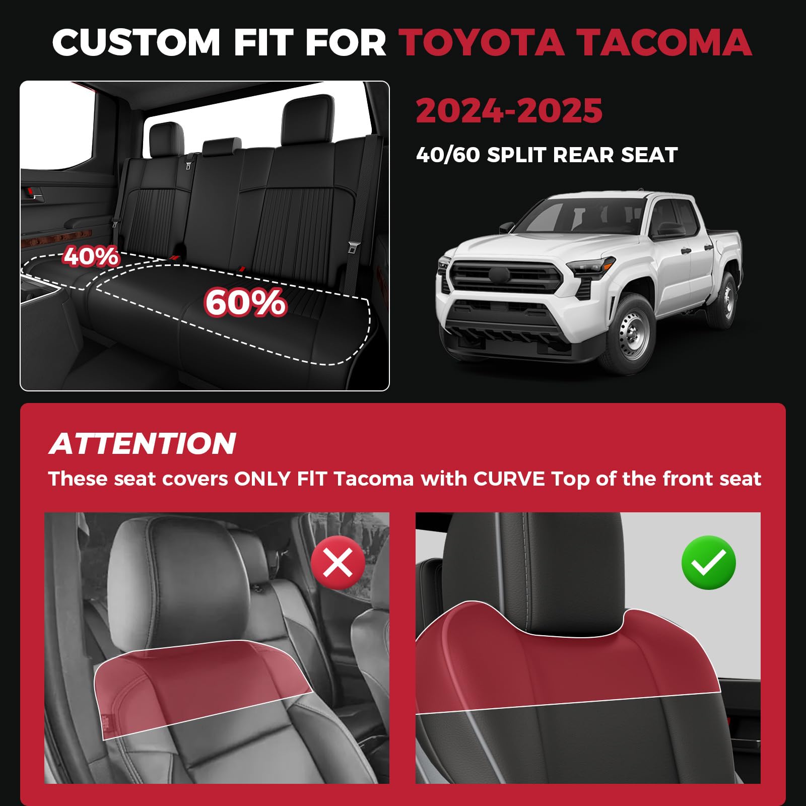 FREESOO Custom Fit Leather Tacoma Seat Covers Full Set Gen 4Th 2024-2025 Double Cab, for Sr/Sr5/Trd Prerunner/TRD Sport/TRD Off-Road/Limited, Seat Covers for Tacoma (5 Seats, BlackGrey)