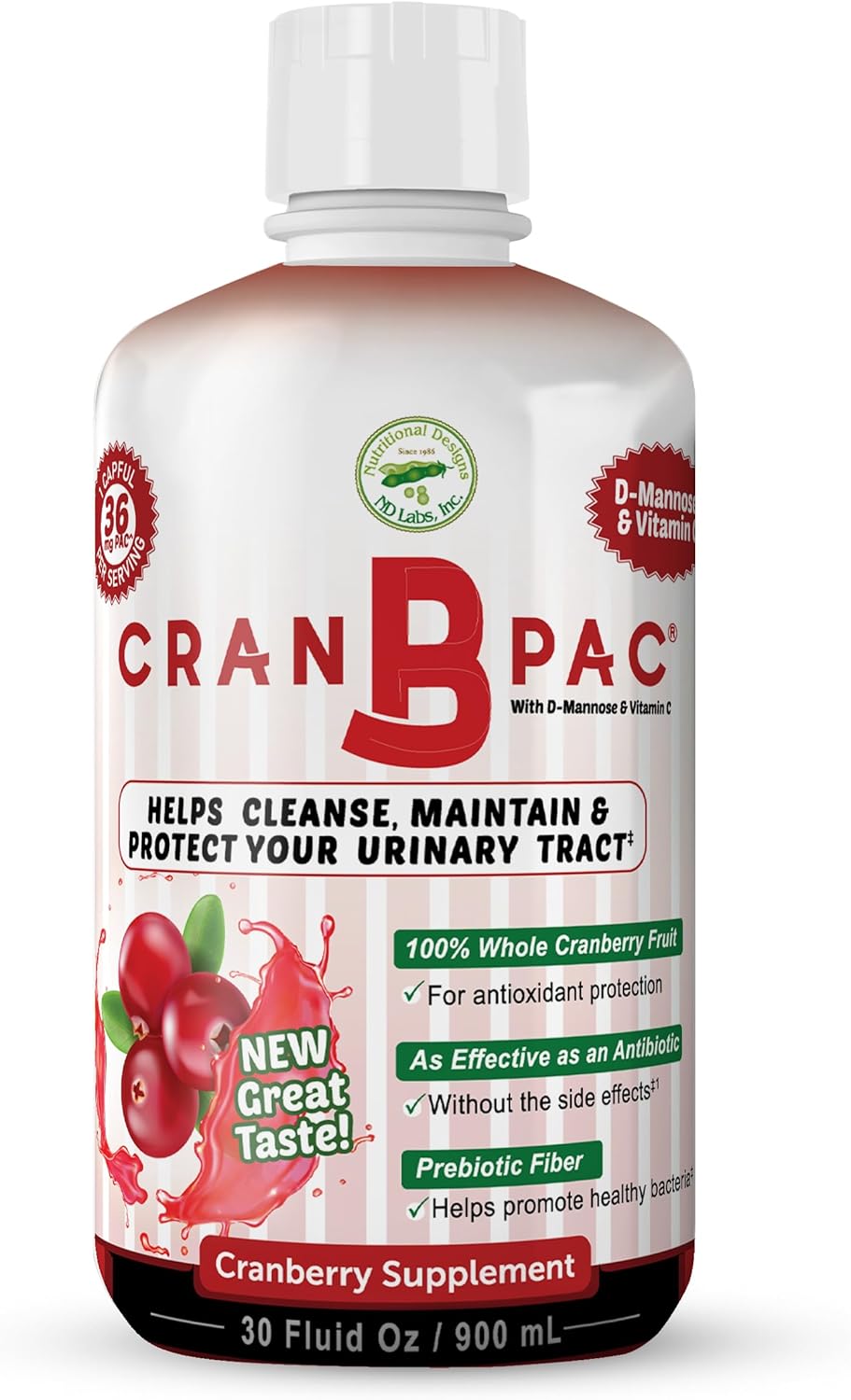 Nutritional Designs Cran-B-PAC Cranberry Supplement, UTI Prevention, Urinary Tract Health for Women Cranberry Concentrate Liquid with Vitamins, Natural & Non GMO, 36mg PAC Per oz, 30 Oz Bottle