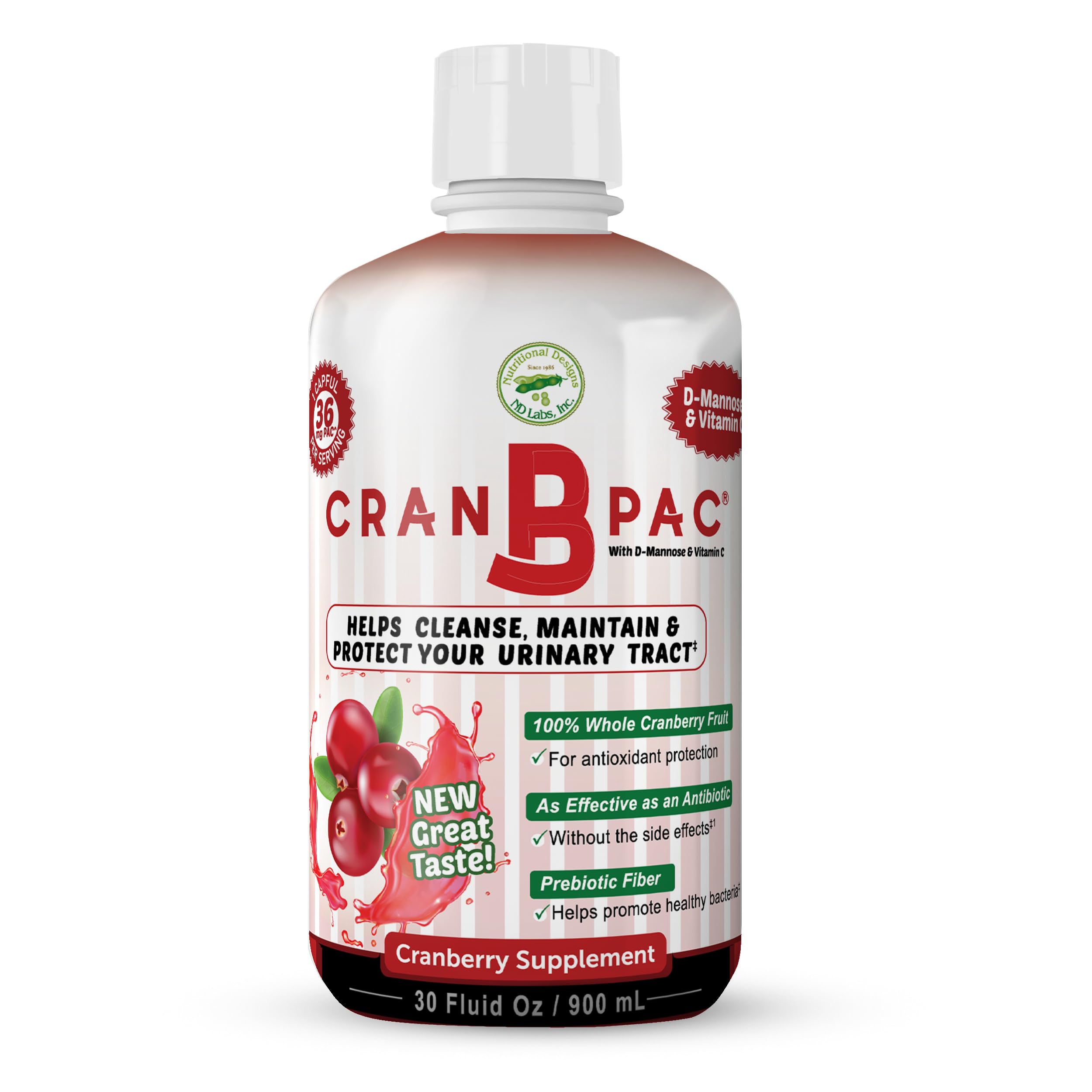 Nutritional Designs Cran-B-PAC Cranberry Supplement, UTI Prevention, Urinary Tract Health for Women Cranberry Concentrate Liquid with Vitamins, Natural & Non GMO, 36mg PAC Per oz, 30 Oz Bottle