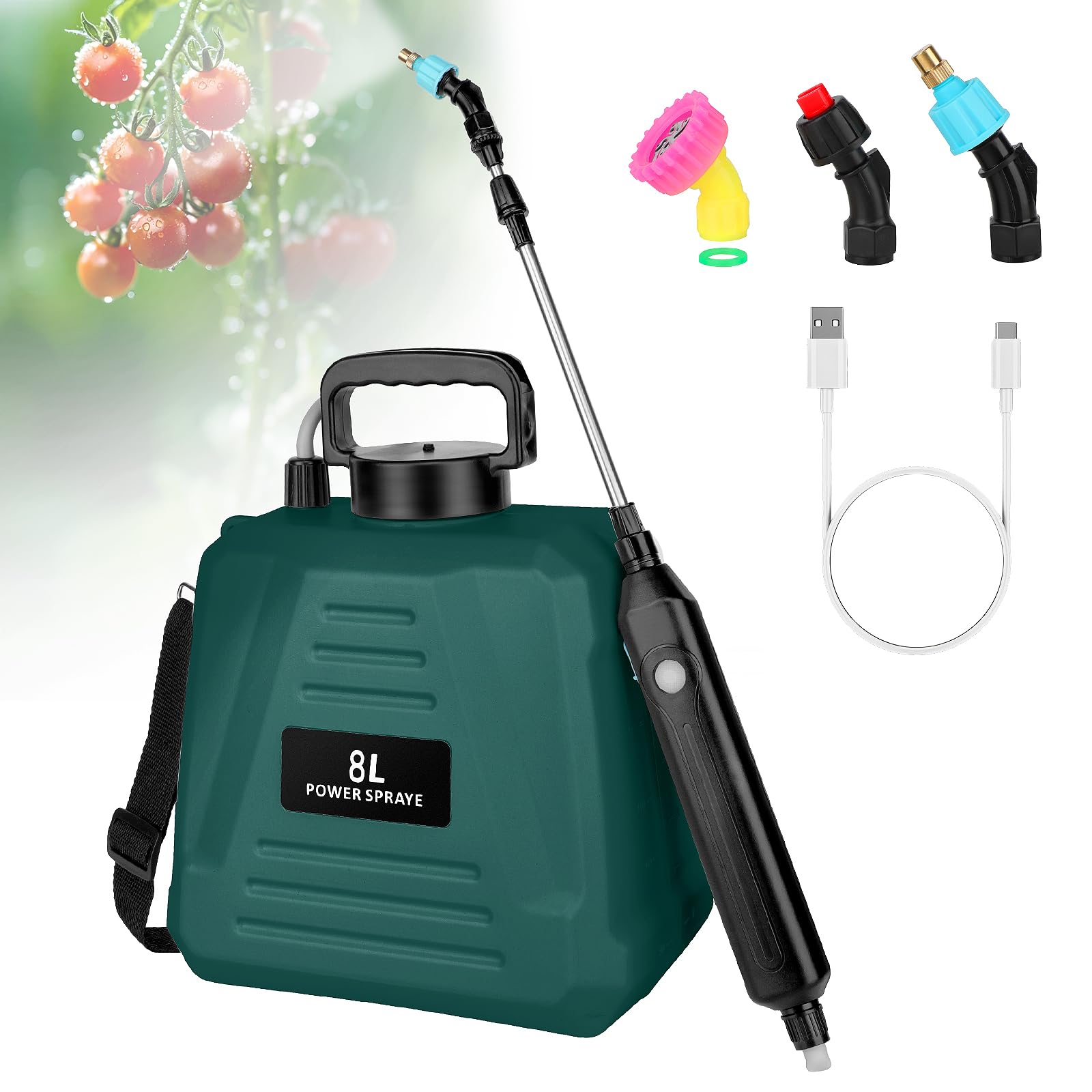 Photo 1 of 2 Gallon Battery Powered Sprayer, Electric Garden Sprayer, Backpack Sprayer with 3 Mist Nozzles & USB Rechargeable Handle & Retractable Wand & Adjustable Strap for Lawn, Garden, Yard (Green)