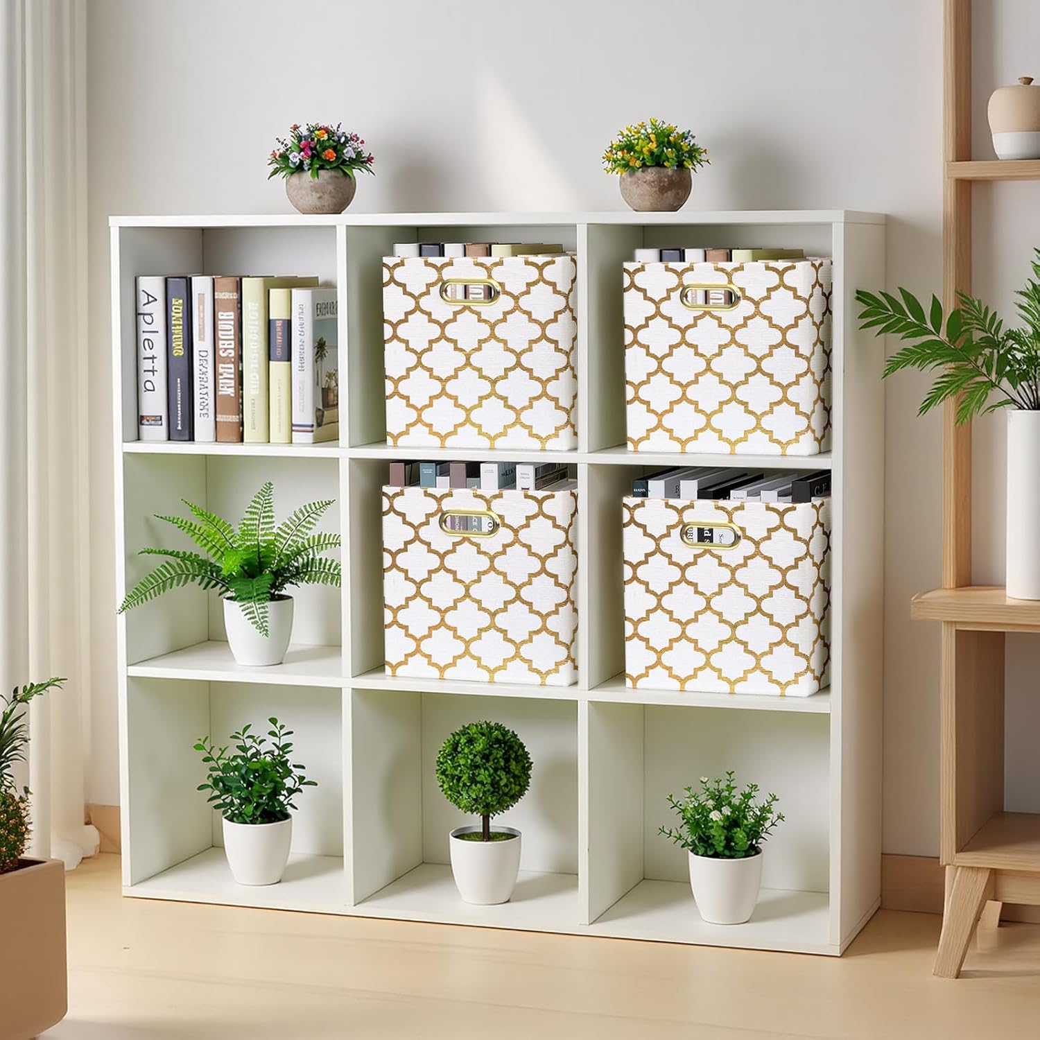 Posprica 11x11x11 Storage Cube Bins, Collapsible Storage Bins Fabric Storage Cubes Organizer Baskets Box Drawers for Shelves, Closet, Wardrobe, Bookshelf, Cabinet, Cream/Gold Lantern, 4 Pack