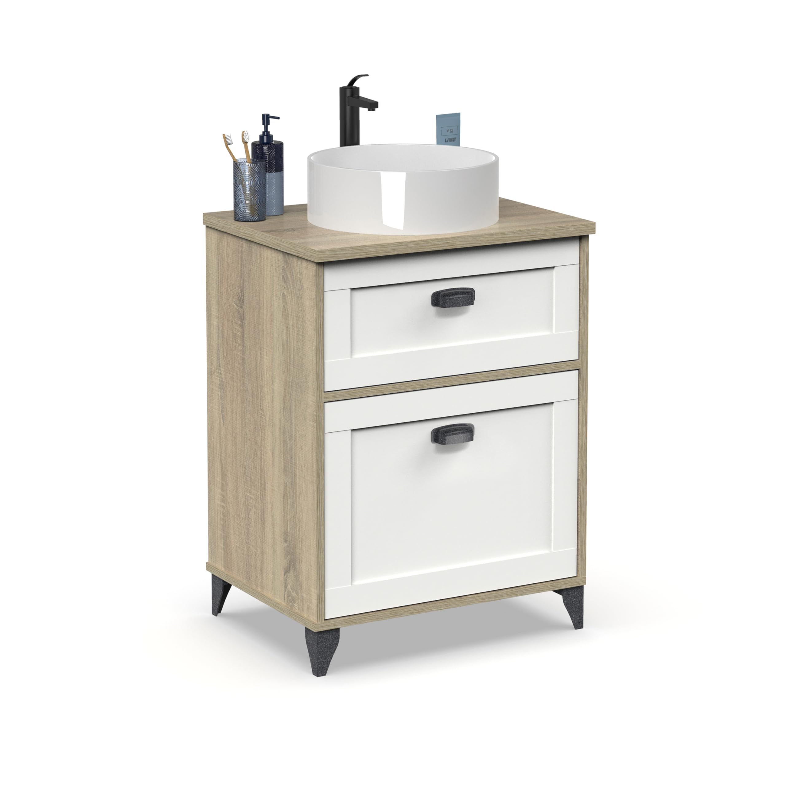 MUEBLES PITARCH | Mueble de Baño 60cm Ancho con Patas, Cajón guías Cierre Suave, 1 Puerta, para Lavabo de sobreponer, Roble Cambrian y Blanco, Estilo Vintage Modelo Toscana