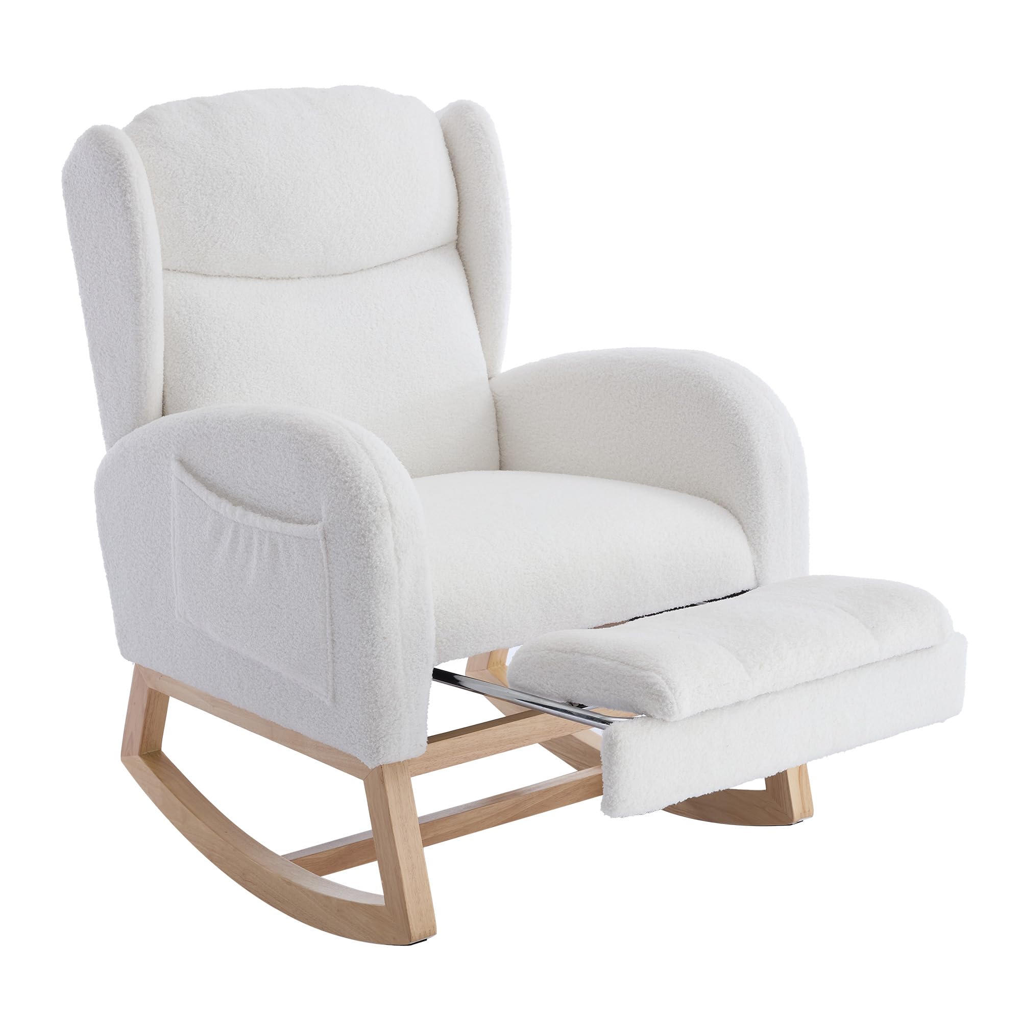 Mecedora, silla de lactancia, sillón de salón con estructura de madera, reposapiés ajustable, respaldo alto, tela teddy, con bolsillo, cómoda silla de acento para dormitorio, salón (blanco)