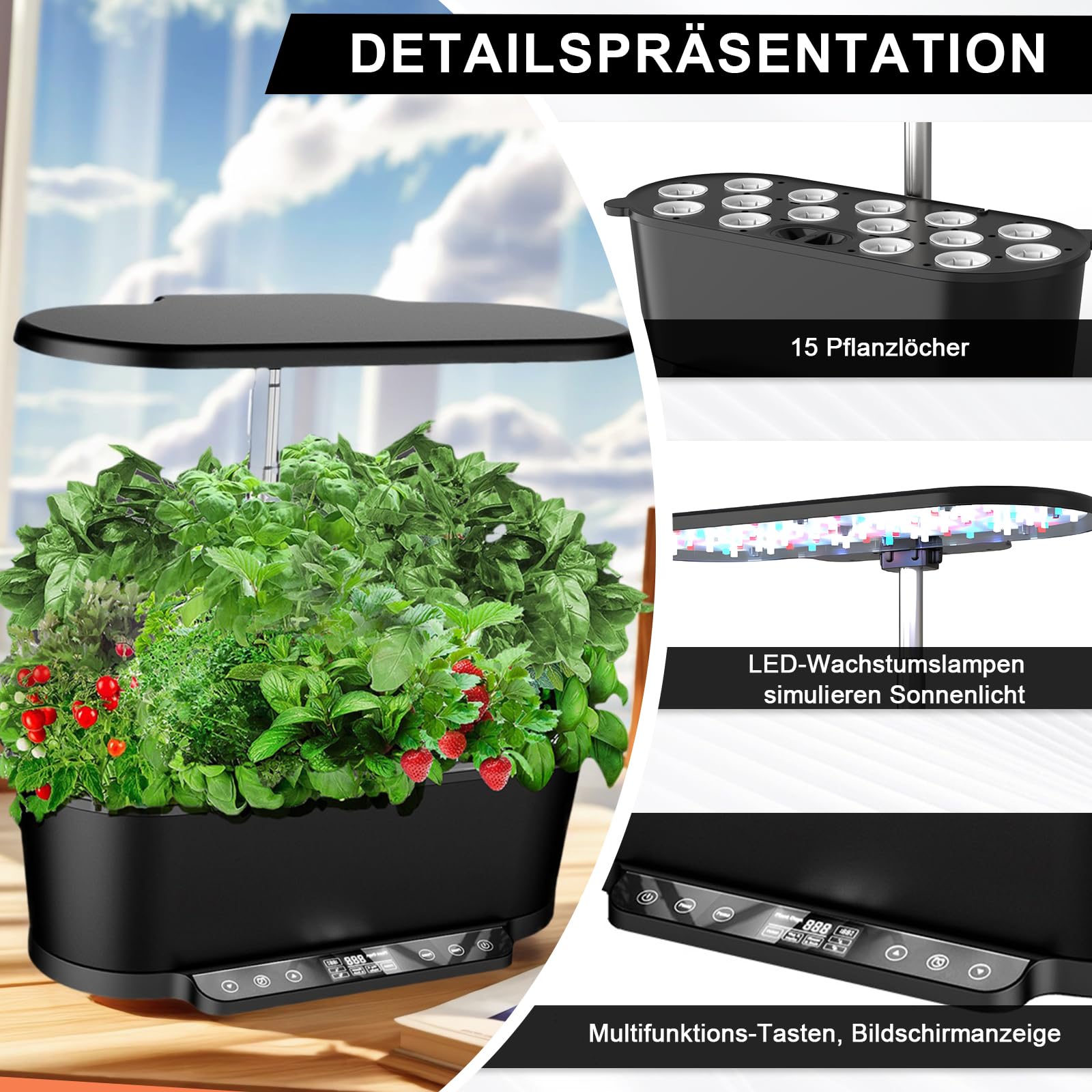 Système de culture hydroponique WiFi, 15 douilles, Smart Herb Garden Kit pour intérieur, jardin intérieur avec lumière de croissance LED 36 W, réservoir d'eau 5,5 l, système de pompage