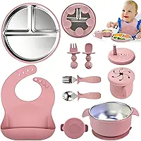 Kit Introdução Alimentar Bebe, Kit de 9 Alimentação Bebe Inox e Silicone, com Pratinho e Bowl de Alimentação com Ventosa, Babador, Copo, Tampa com Canudo, 2 Talheres Silicone e 2 Talheres Inox (Rosa)