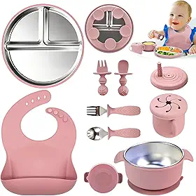 Kit Introdução Alimentar Bebe, Kit de 9 Alimentação Bebe Inox e Silicone, com Pratinho e Bowl de Alimentação com Ventosa, Babador, Copo, Tampa com Canudo, 2 Talheres Silicone e 2 Talheres Inox (Rosa)