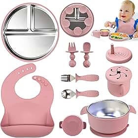 Kit Introdução Alimentar Bebe, Kit de 9 Alimentação Bebe Inox e Silicone, com Pratinho e Bowl de Alimentação com Ventosa, Babador, Copo, Tampa com Canudo, 2 Talheres Silicone e 2 Talheres Inox (Rosa)