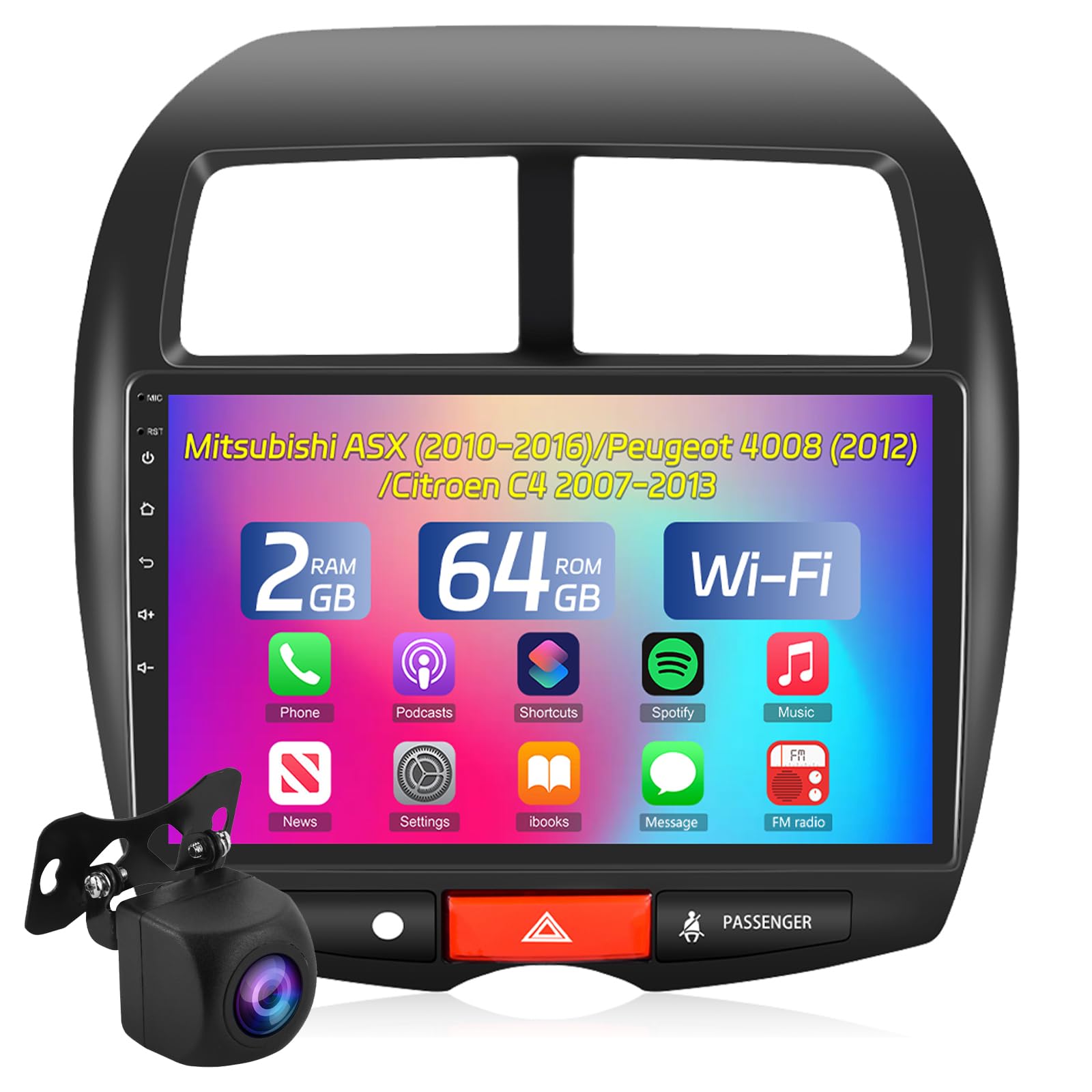 NHOPEEW Autoradio 2+64G per Mitsubishi ASX 2010-2016/Peugeot 4008 2012/Citroen C4 2007-2013 - Carplay senza fili e Android Auto - Stereo Android da 10,1 pollici con WiFi EQ GPS Mirror Link FM RDS