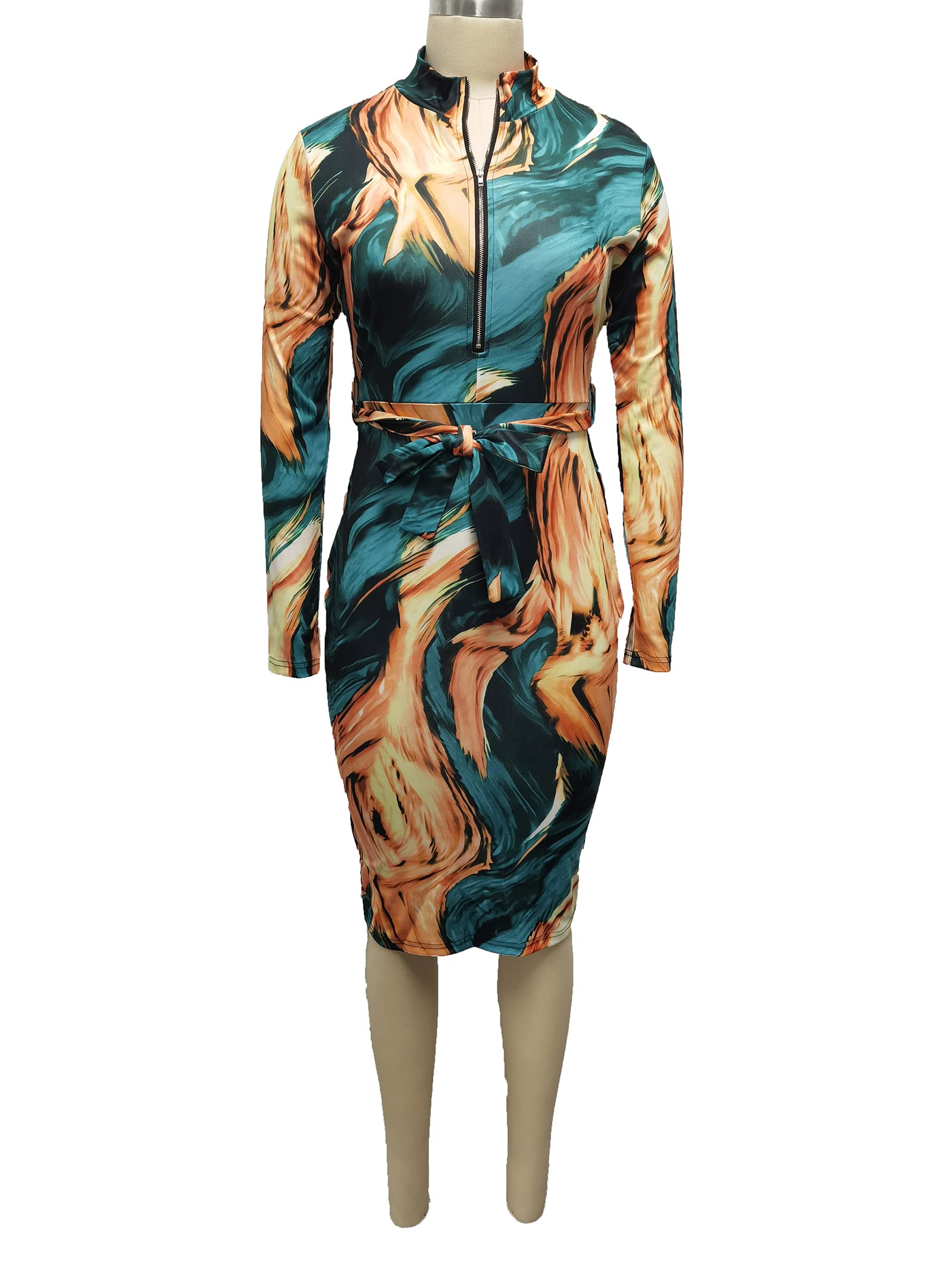 ECHOINE Vestido sexy con estampado floral, cuello en V, manga larga, cremallera frontal, elástico, entallado, para oficina, trabajo, con cinturón