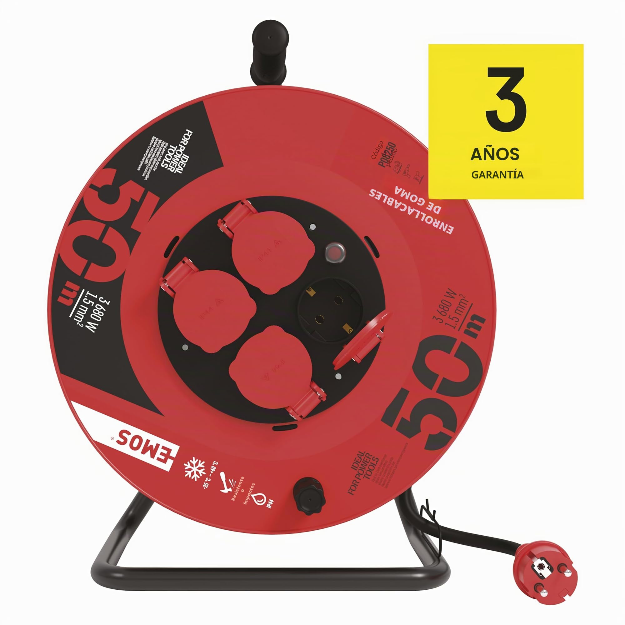 Enrollacables Profesional para Cable alargador, de la Empresa EMOS, con Grado de protección IP44, 50 m de Cable con 4 enchufes Schuko, 1,5 mm2 Goma, para Uso Exterior