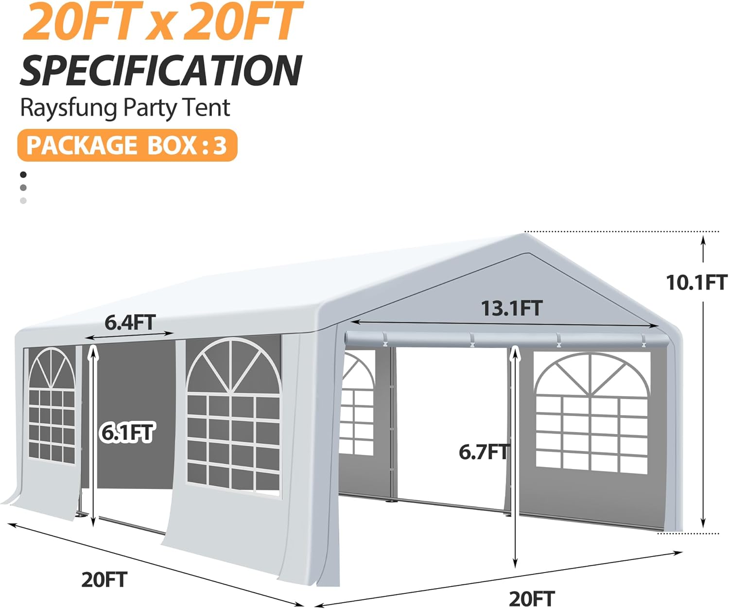 Diagram showing the dimensions of the 20ft x 20ft Raysfung Party Tent, including overall length, width, and height, as well as internal clearances.