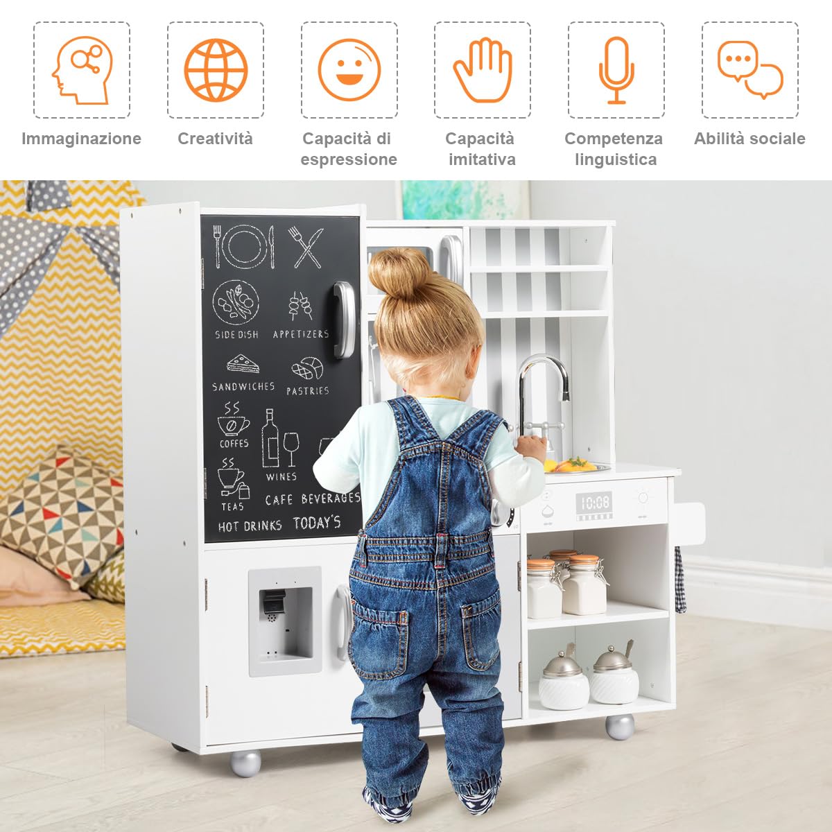 RELAX4LIFE Cucina Giocattolo in Legno per Bambini, Mini Cucina con Forno, Microonde e Frigorifero, Effetti Luminosi e Sonori, Natale/Compleanno/Feste