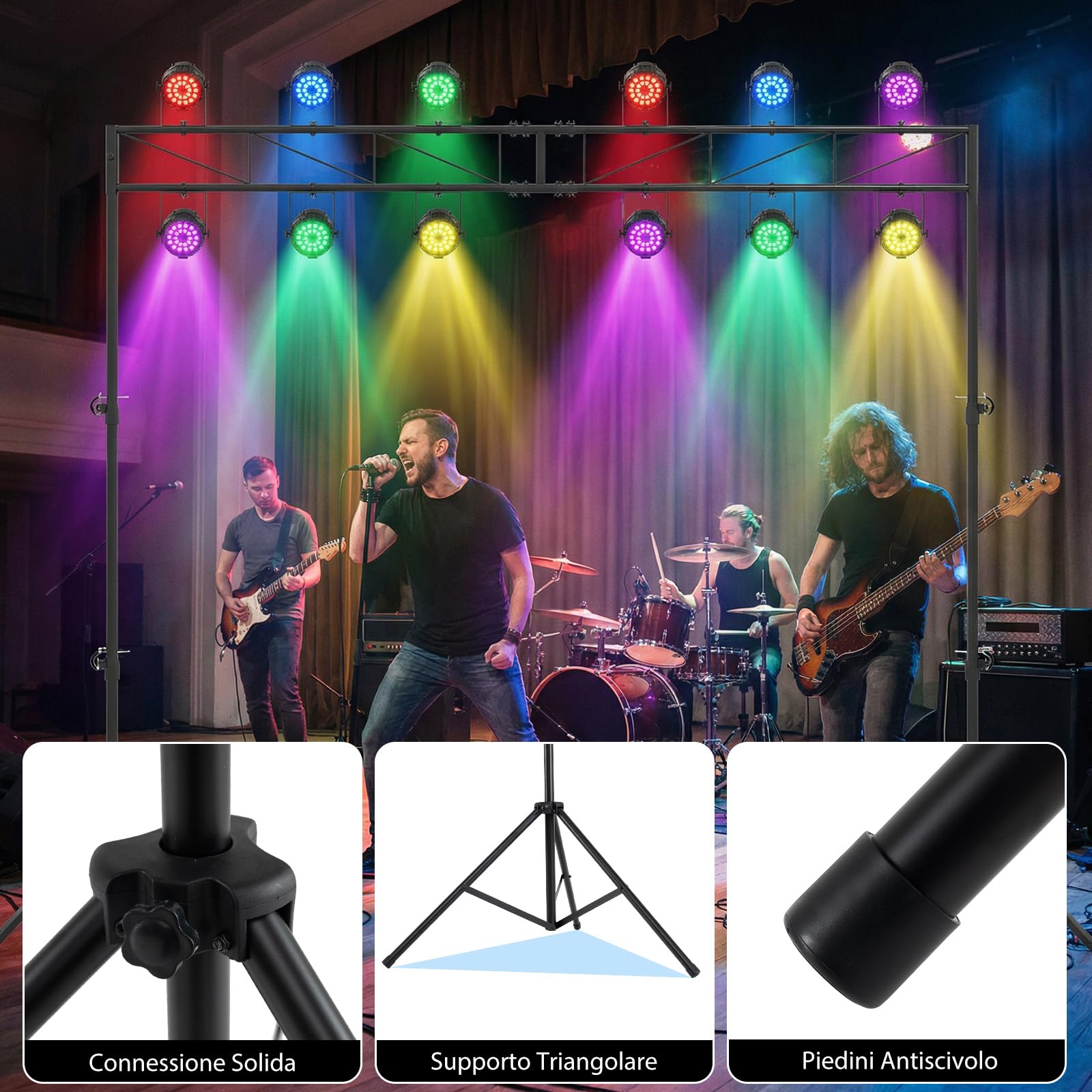 COSTWAY Supporto Luce a Traliccio, Traliccio Luci Regolabile in Altezza 140-264,9 cm con Piedini Antiscivolo, Treppiede Stabile in Ferro, Portata 50 kg, Pieghevole per Palco, Eventi, Feste e Concerti