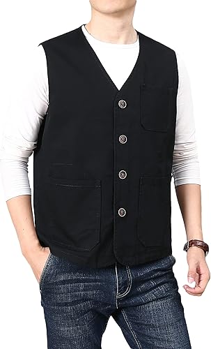 PRIJOUHE Chaleco casual de algodón para hombre, ligero, transpirable, con múltiples bolsillos, para pesca, safari, viajes, para exteriores