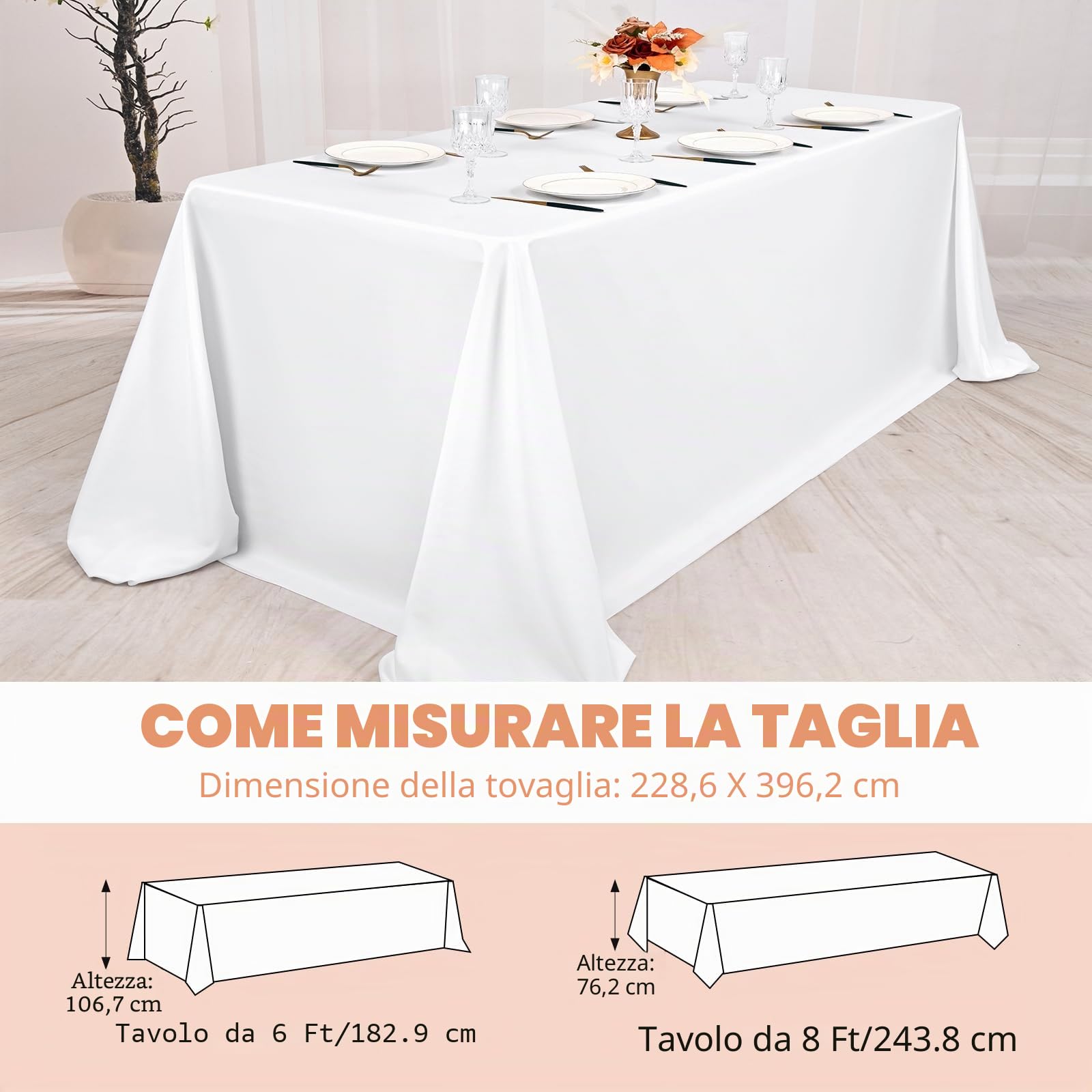 Pesonlook Confezione da 4 tovaglie rettangolari bianche, 228 x 396 cm, in poliestere lavabile, copertura per tavolo in tessuto di poliestere per matrimoni, feste, banchetti, buffet, cene di festa