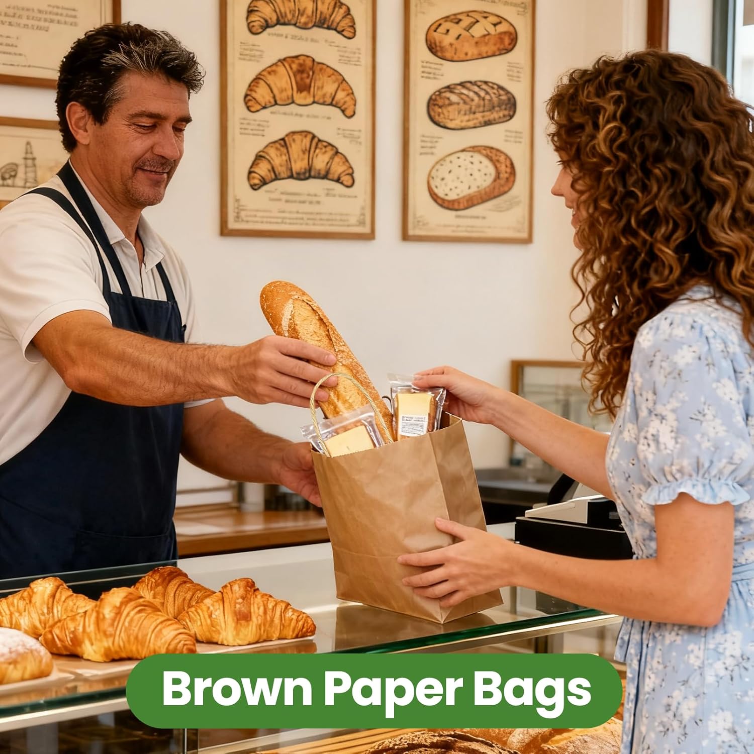 Xvvirnt 100 Pcs Brown Paper Bags, 8X4.3X10inch Gift Wrap Bag Bulk, Kraft Paper Bags with Handle for Small Business, Grocery Shopping Retail, Party Favor, Birthday Party, (Natural, Medium Size)