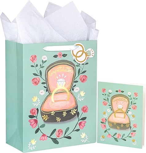 WRAPAHOLIC Bolsas de regalo grandes de 13 pulgadas con tarjeta y papel de seda, diseño de anillo de diamantes para bodas, compromisos, despedidas de