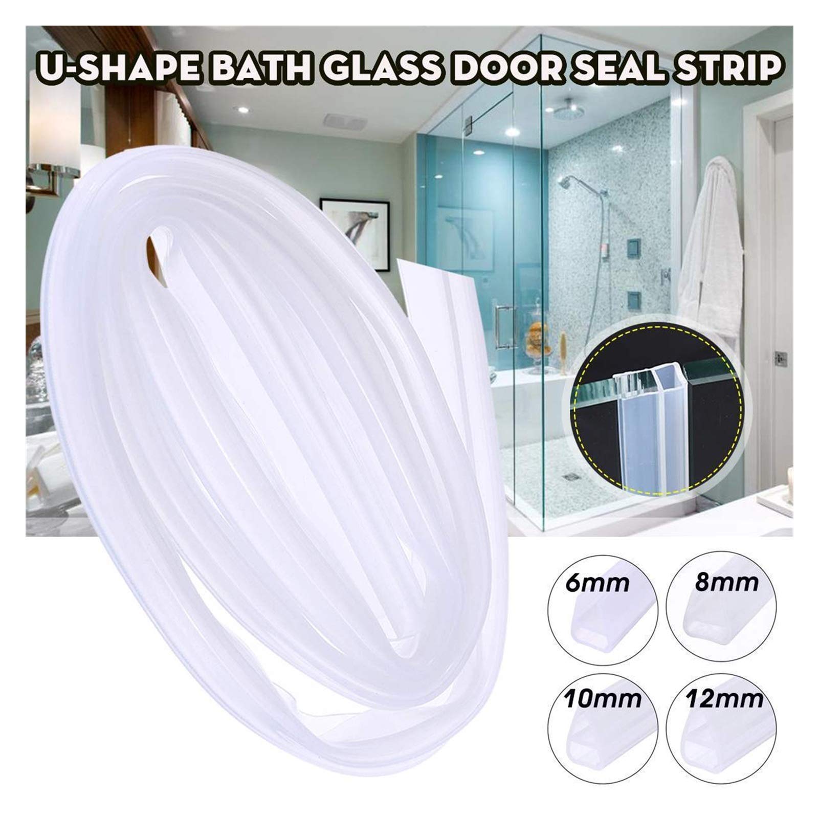 Zkenshan-Weather Stripping Seal 6 8 10 12mm U Shape Glass Door Sealing Strips, Silicone Rubber Shower Bath Room Door Window Glass Weatherstrip, Glass Door Seal Strip Stop Shower Leaks ( Color : 10mm )
