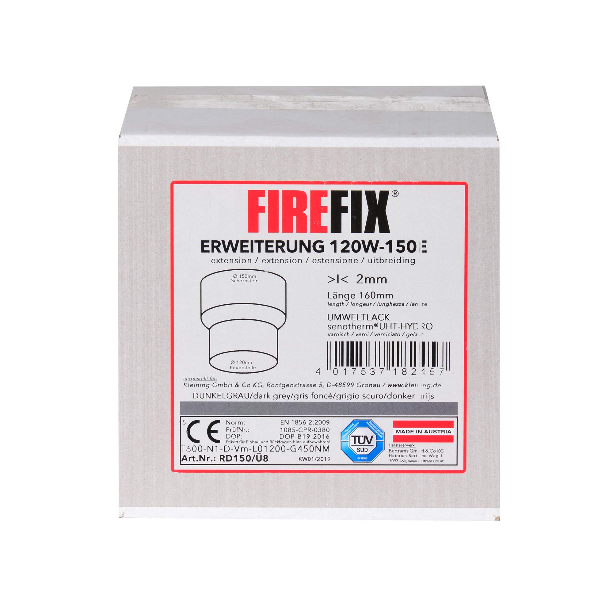 FIREFIX RD150/Ü8 RD150/Ü8-Pieza De Transición (extensión) Para Tubos De Humo De 2 Mm De Grosor, Lacado En Gris Oscuro, Horno De 120 Mm A Conector De Pared De 150 Mm, Negro