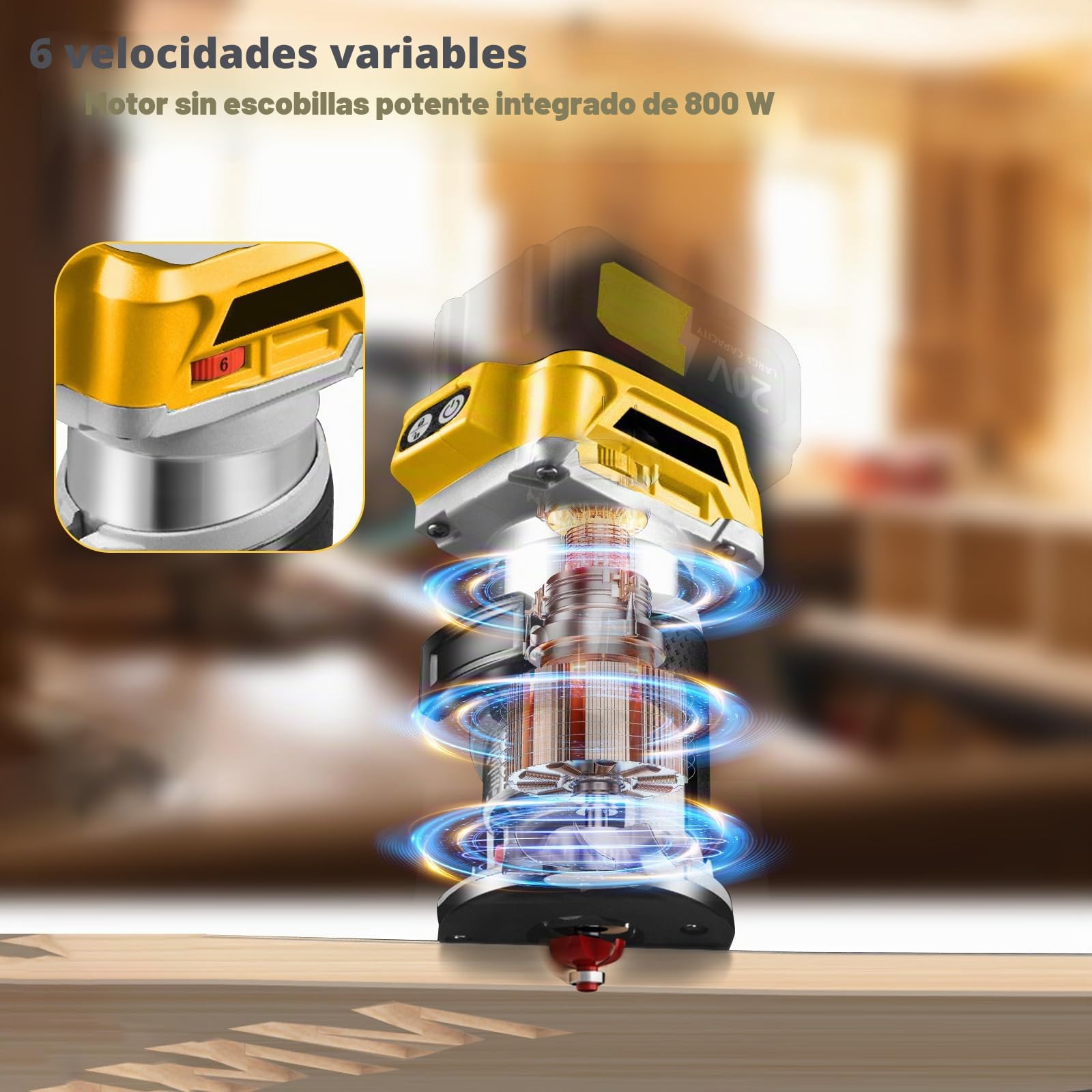 Enrutador inalámbrico compatible con batería Dewalt de 18 V y 20 V, 800 W, 30000 rpm, recortadora de madera sin escobillas con 6 velocidades, cortador de bordes de base de aluminio con 15 brocas de