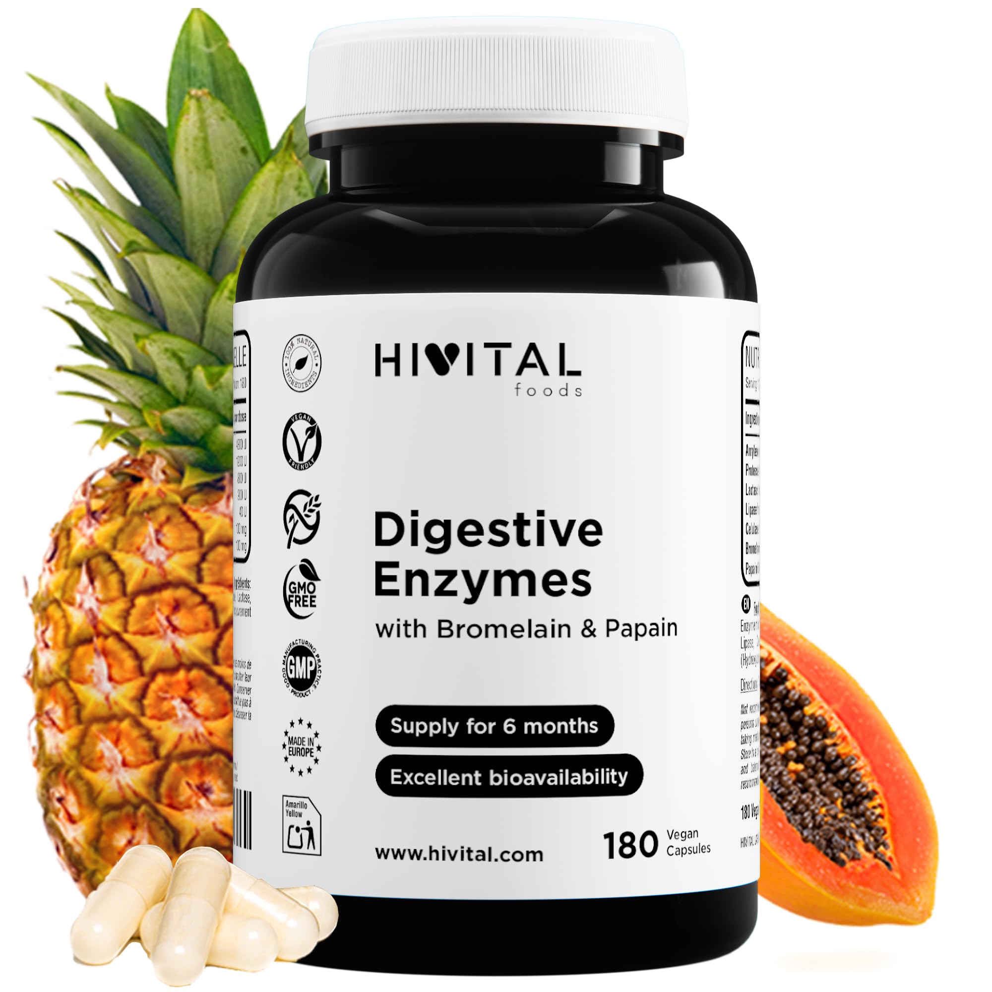 Hivital Foods Digestive Enzymes - 180 Vegan Capsules for 6 Months - Amylase, Protease, Lactase, Lipase, Cellulase, Bromelain, and Papain - to improve digestion and reduce stomach swelling