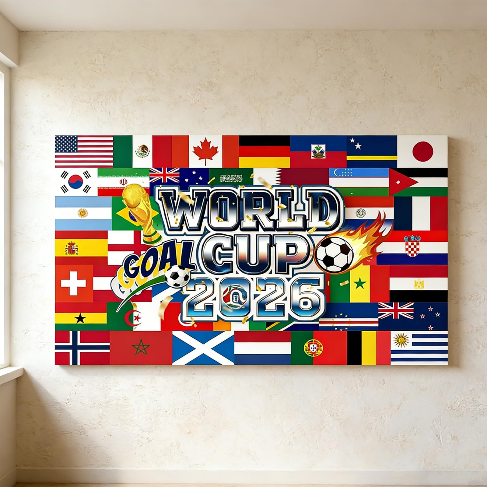 Bandera de fútbol de 150 x 90 cm, bandera del Mundial 2026, para colgar en fiestas, jardines, balcones y ventanas, ideal para el Mundial 2026, perfecta para decorar fiestas y actividades al aire libre