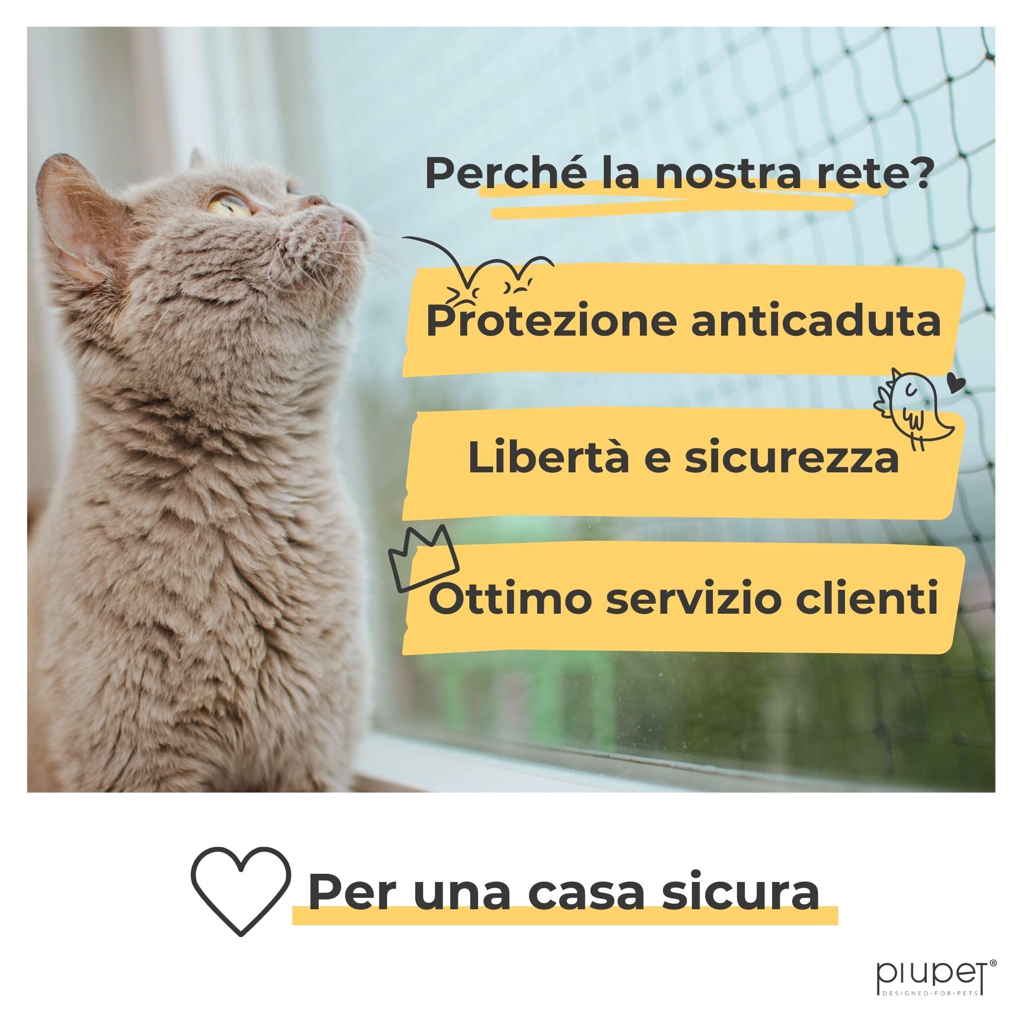 PiuPet® Rete per Gatti I Rinforzata I 4x3m I Incl. Corda di Fissaggio I Rete per Gatti Balcone | Rete per Balcone Esterno