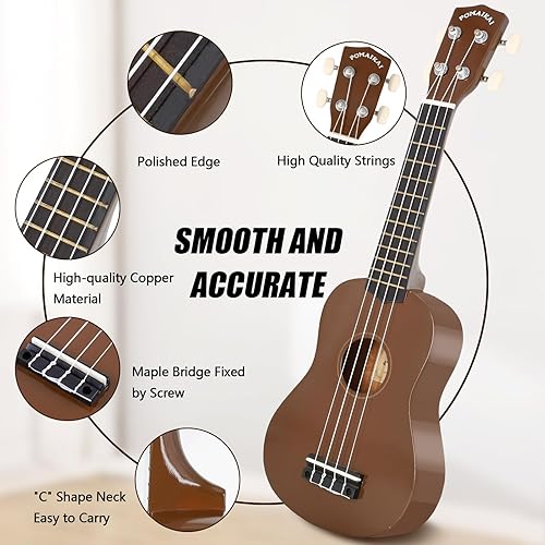 Miniatura 5 de POMAIKAI Ukelele soprano para principiantes, ukelele de madera hawaiana de 21 pulgadas, guitarra pequeña para principiantes y adultos (marrón