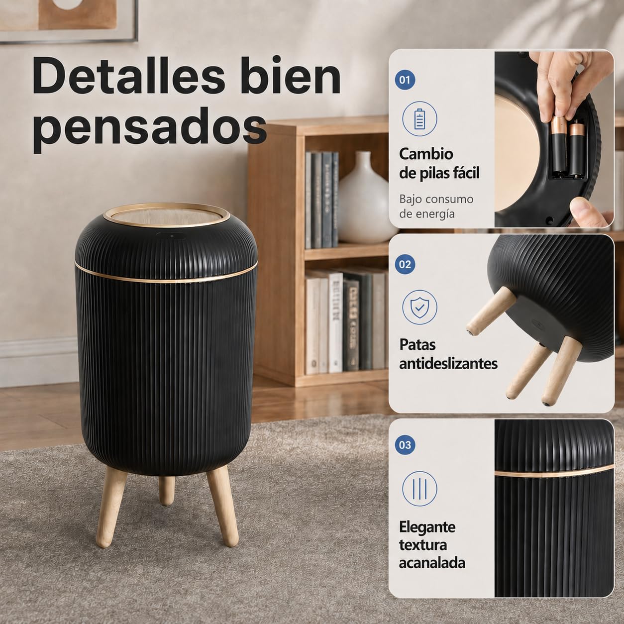 Papelera Automática 10L con Sensor para Baño, Blanca - Cubo Basura Inteligente con Diseño Redondo Elegante, Patas de Madera y Apertura Sin Contacto para Salón (10L Schwarz)