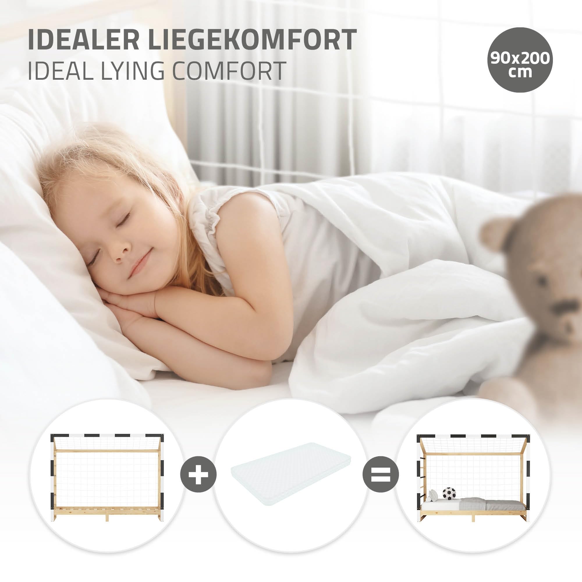 ML-Design Letto Bambini 90x200 cm in Pino Naturale, Struttura a Forma di Porta da Calcio Pallamano Bianco Nero, Rete a Doghe e Scala, Letto Singolo Sportivo, Lettino Basso per Cameretta