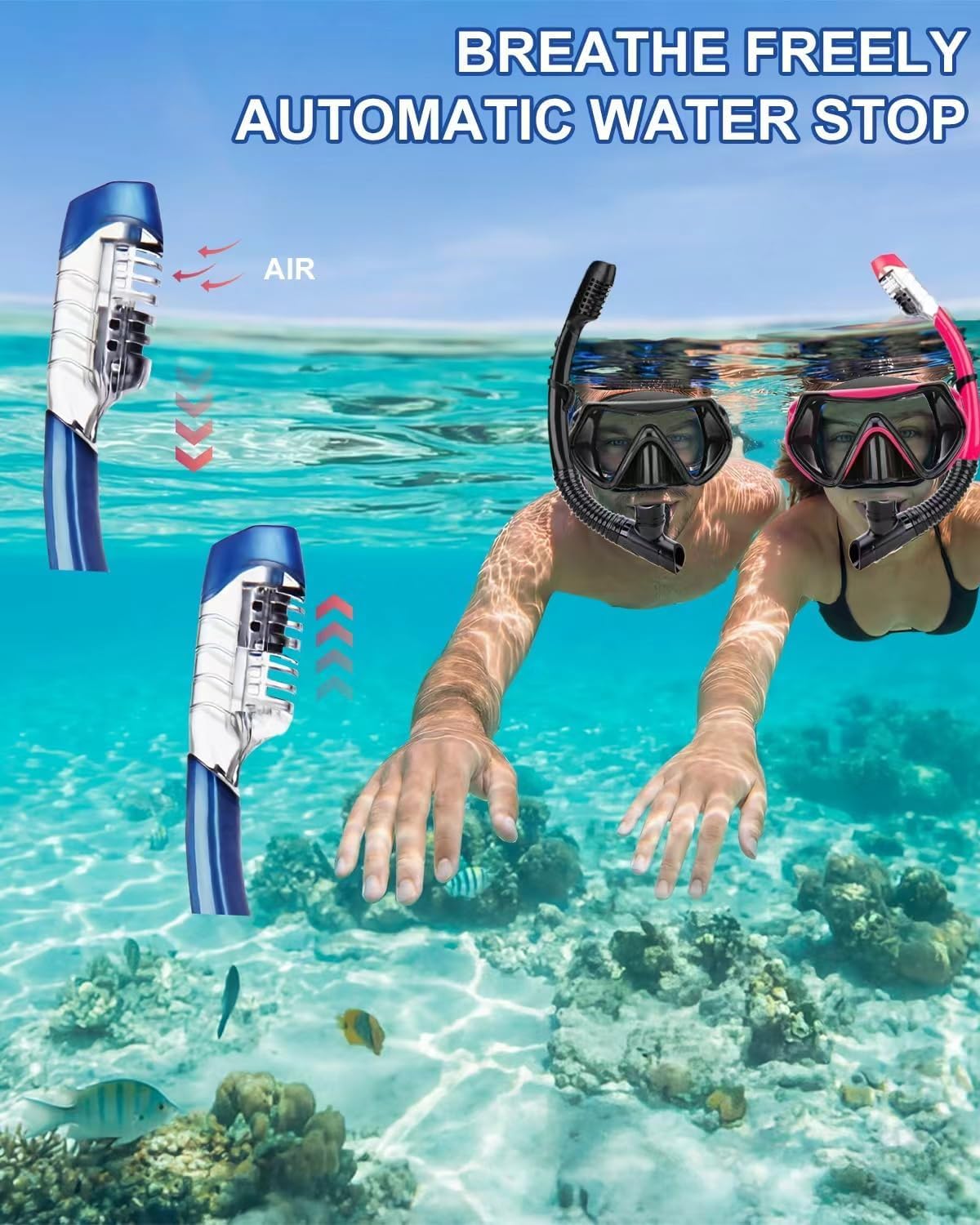 Juego de máscara de esnórquel para adultos y jóvenes, máscara de buceo y buceo completo en seco para nadar Googles es adecuado para esnórquel, buceo, natación (azul y blanco)