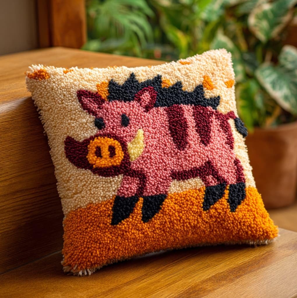 Wallustrioaw Latch Hook Cushion Cover Kit,Wild Boar,Pillow Case Rug Cover Kids Beginner Diy Needlework Embroidery Kits Handmade Set,17X17in