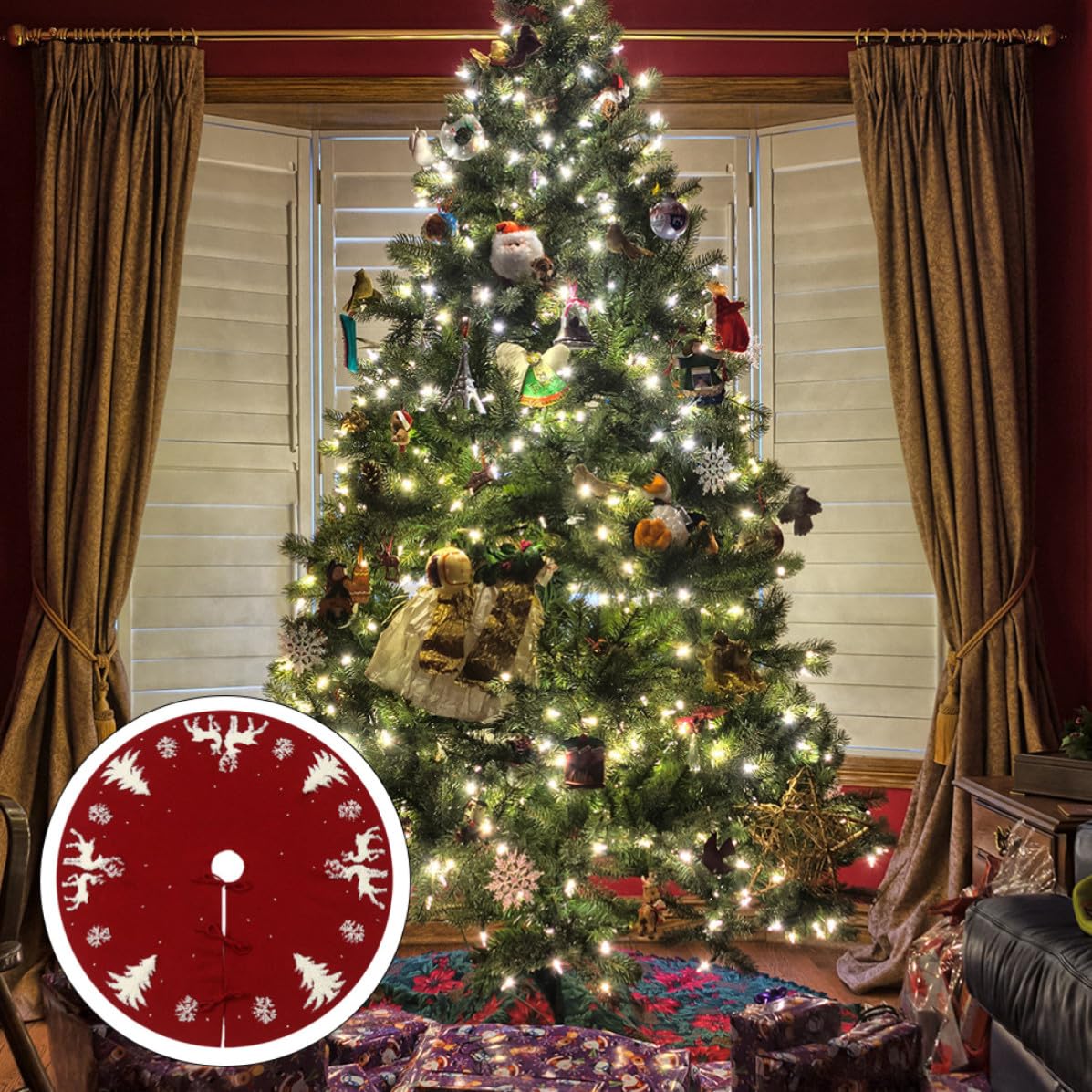 SHINEOFI Jupe de Sapin de Noël Décoration Festive Tricotée en Fibres Acryliques Rouge Motif 3D Cerf Tapis sous Sapin Élégant et Créatif pour Hôtels et Caves