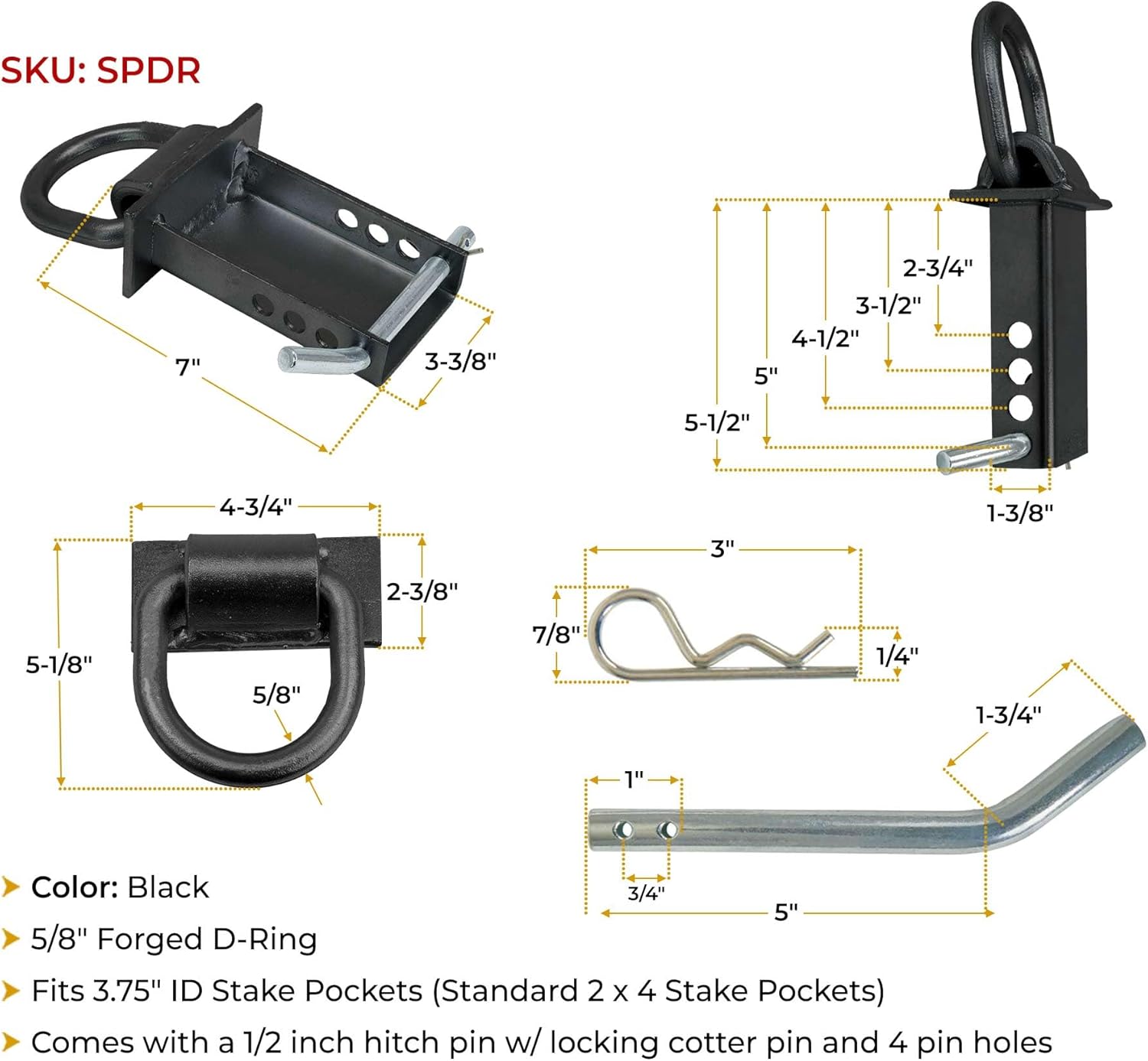 Mytee Products 6 Pack 5/8 Inch Stake Pocket D Rings, 18000 lbs | Heavy Duty Adjustable Trailer Stake Pocket Tie Down Utility for Flatbed Trucks & Trailer w/Hitch Pin, 4 Holes for Adjustment