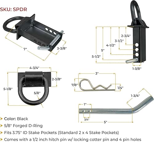Vista 6 de Mytee Products Anillo en D de bolsillo de estaca ajustable resistente con pasador de enganche de 1/2 pulgada, WLL 5400 libras y 4 agujeros para Negro