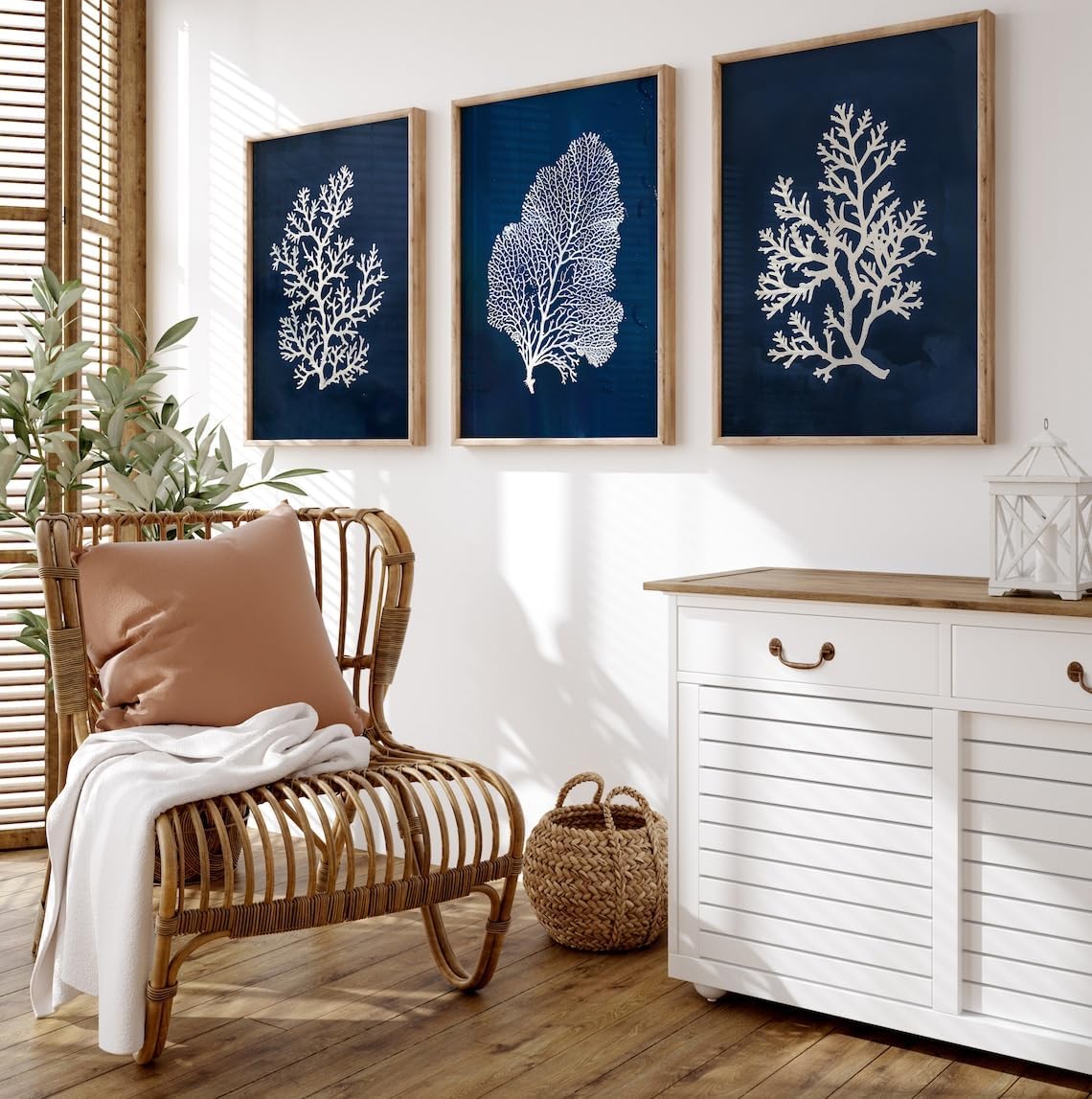 Canvas Painting 3 Pieces Navy Blue Coral Posters Prints Wall Art Pictures for Living Room Bedroom Home Coastal Beach House Decor with Wooden Inner Frame