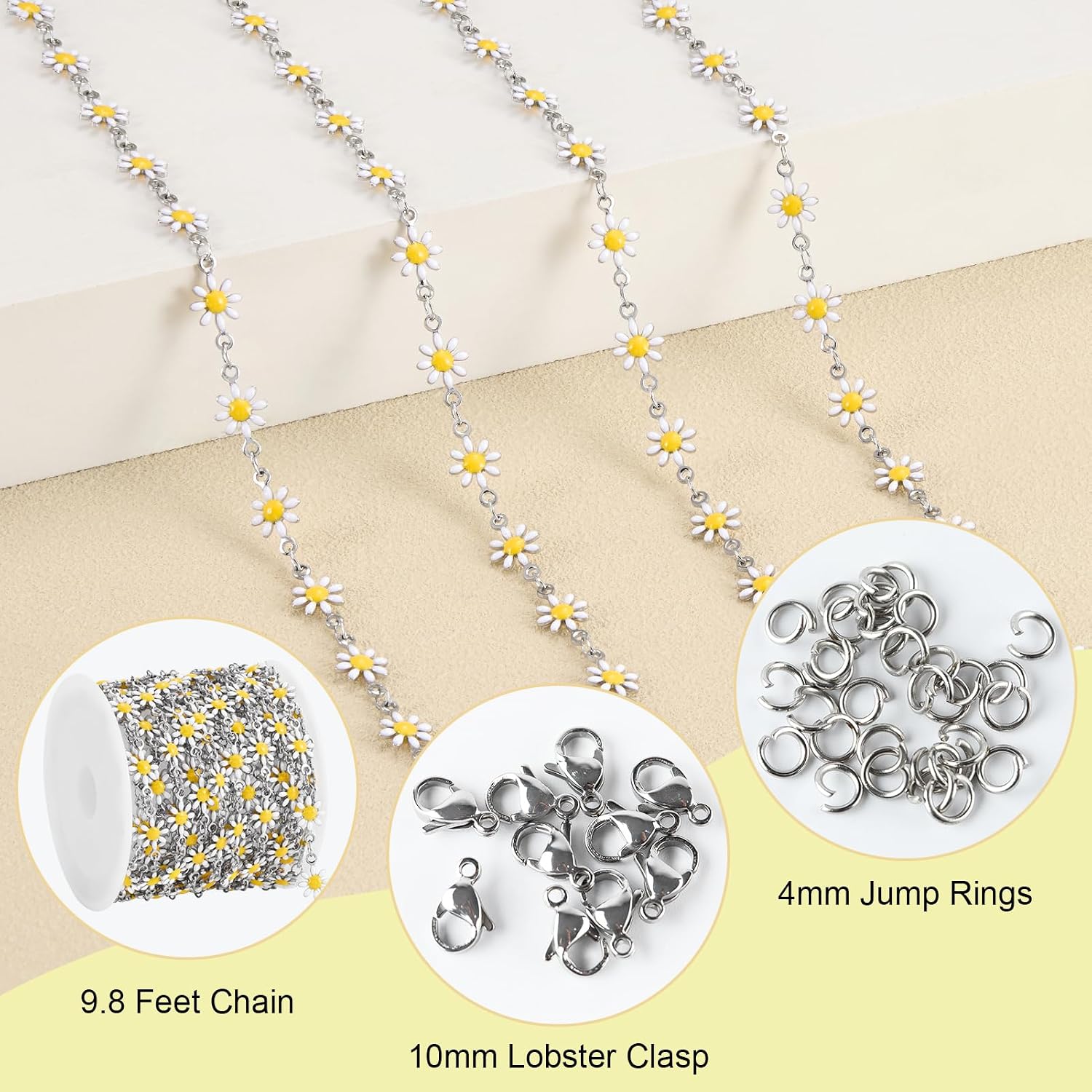 SMYHTGLIF 9.8 Feet White Daisy Chain for Jewelry Making Silver Plated Chain Bulk Roll Stainless Steel Flower Jewelry Making