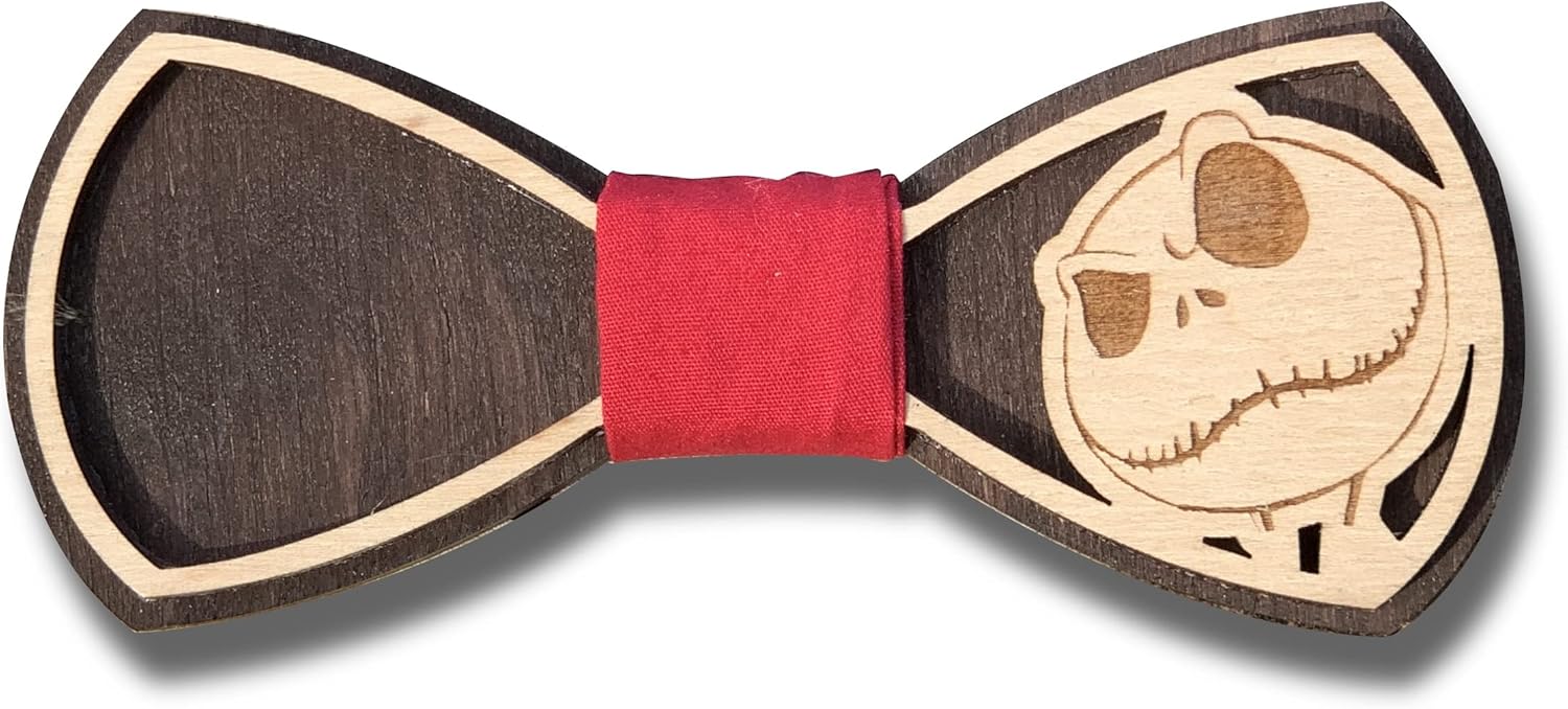 Mens Wooden Bow Tie for Halloween Party Skull Nightmare Christmas Costume Mask Cartoon Design Holiday Wood Bowties for Men and Boys Jack Skellington Style