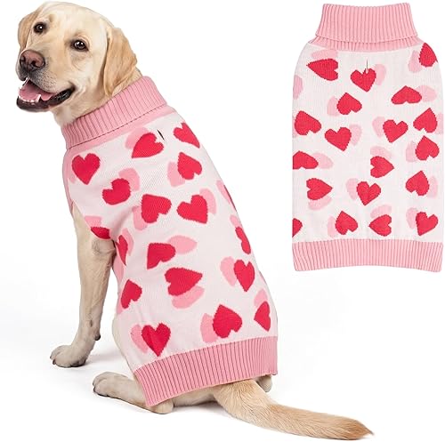 KYEESE Suéter de San Valentín para perro, suéter de cuello alto para perro grande con estampado de corazón, suéteres suaves y elásticos para perros