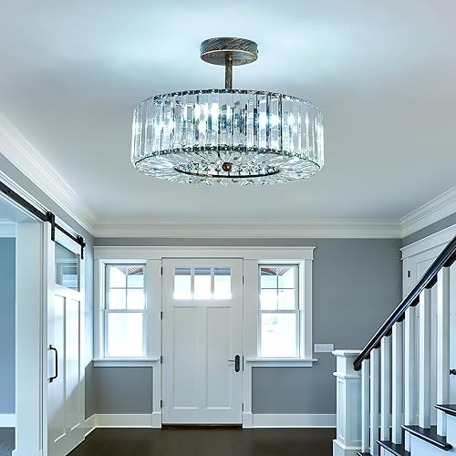 Miniatura 9 de 4 luces moderna lámpara de cristal aceitado bronce aceitado redondo semi empotrado lámpara de techo lámpara de granja para comedor, sala de estar,