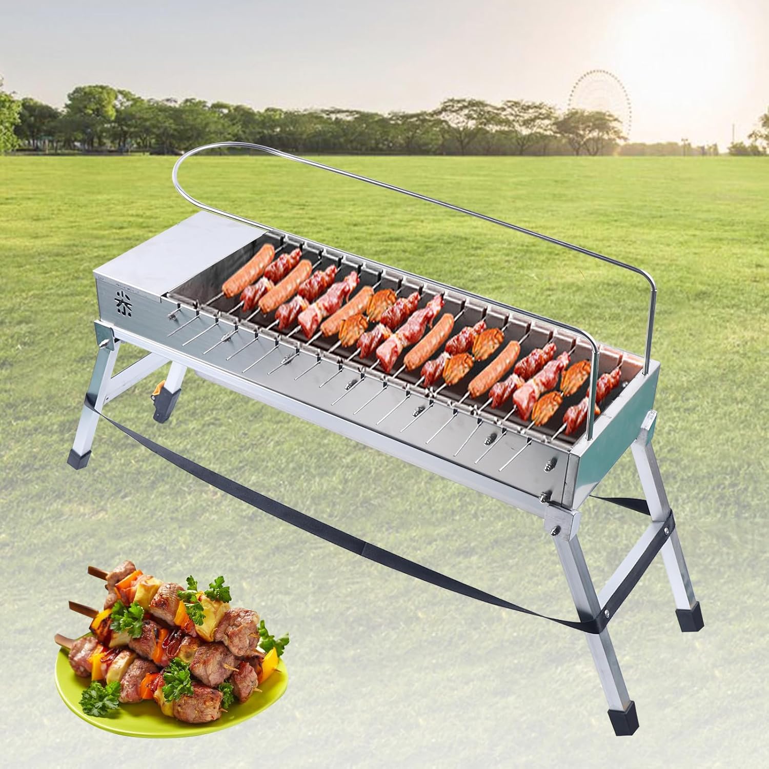 Automatic Rotisserie Grill Machine - 20 Skewer Foldable Electric BBQ Grill, USB-Powered, Auto Flip Stove for Outdoor Camping & Household Use, with Stainless Steel Skewers