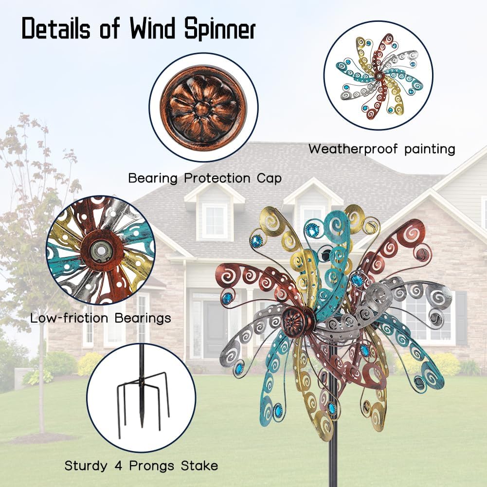 DREAMSOUL Colorful Wind Spinners Outdoor Metal Wind Spinner with Stake, 63.4" Kinetic Windmill for Yard Lawn Patio Decor